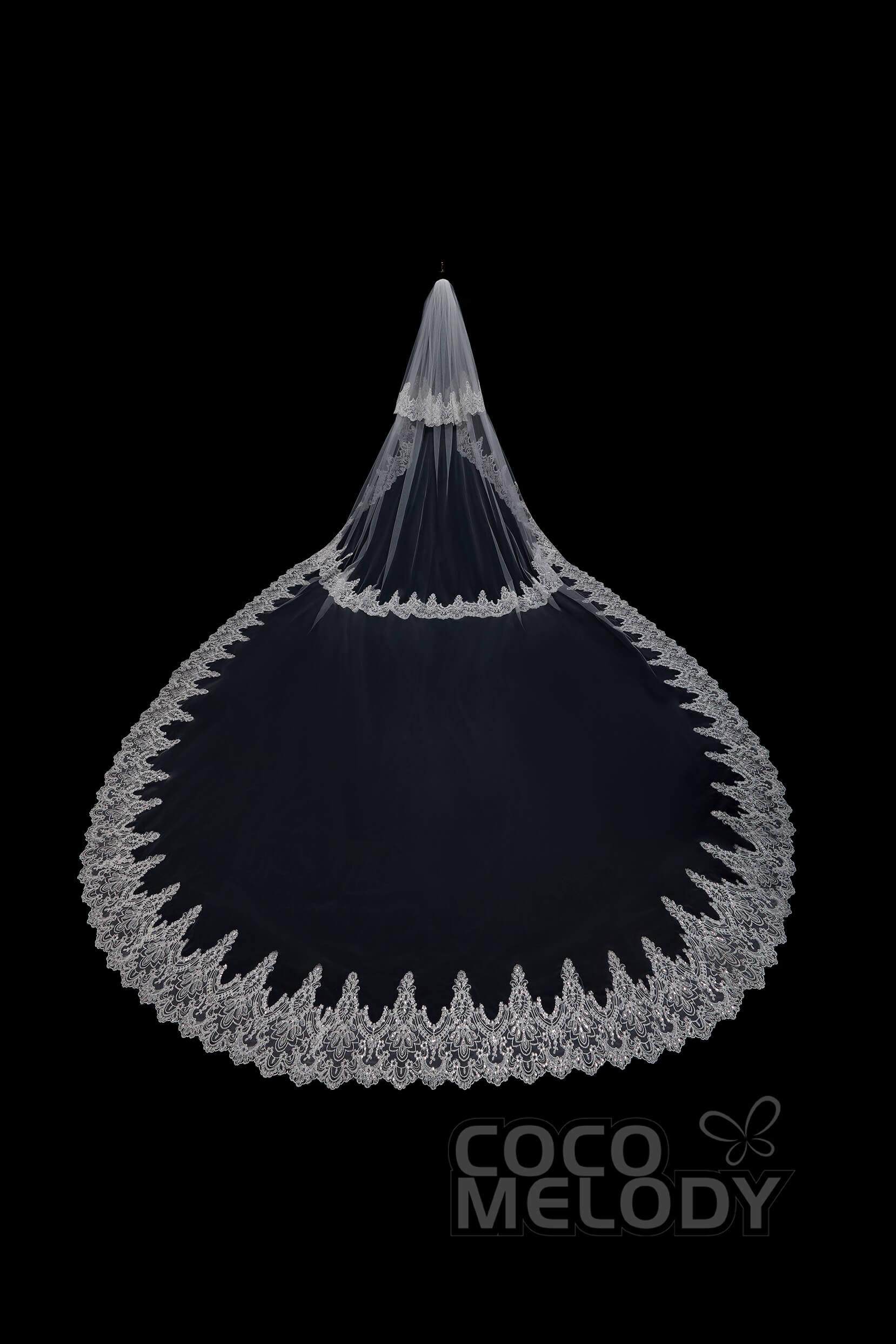 Two-tier Lace Edge Tulle Cathedral Veils Appliques AV18021 - COCOMELODY