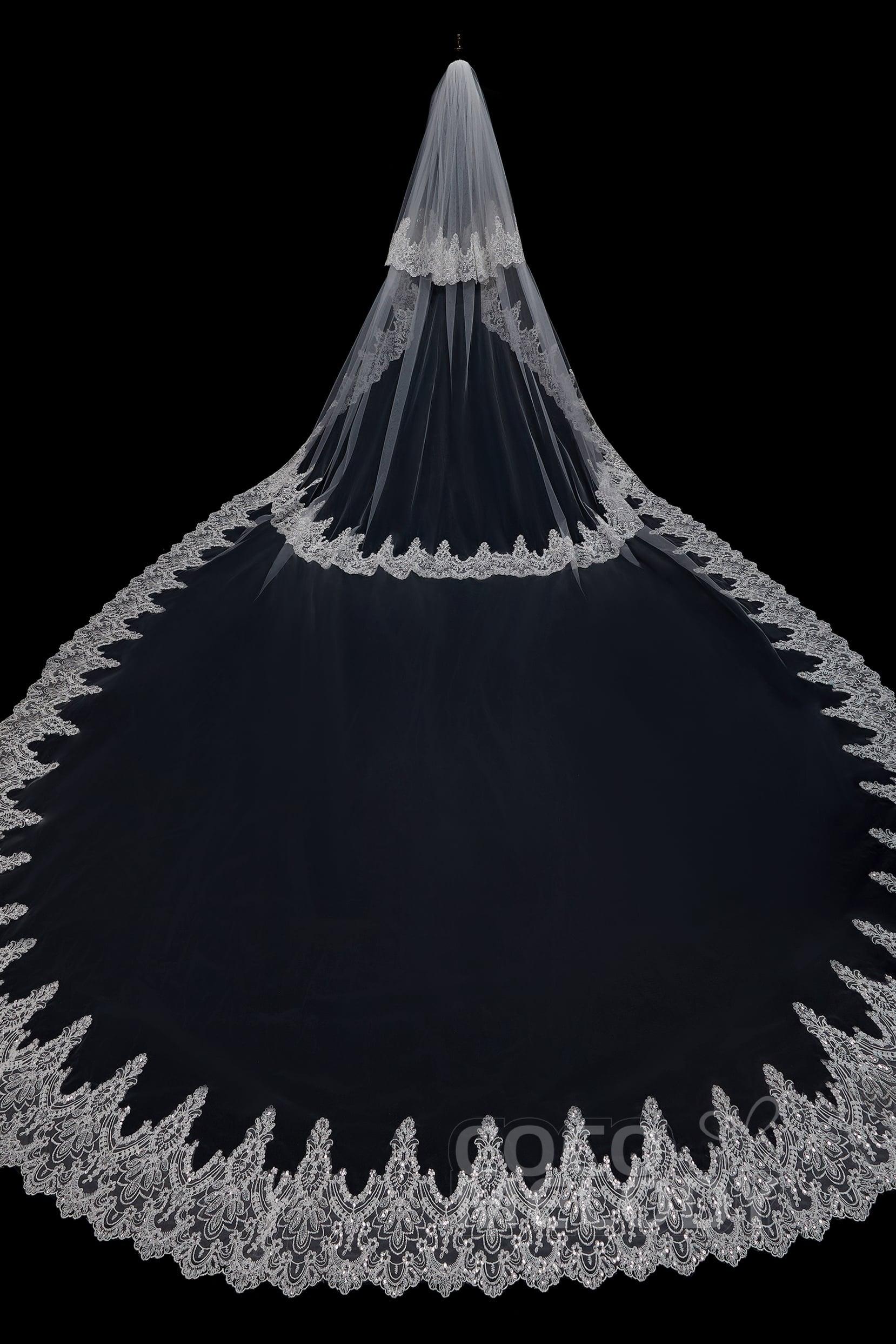 Two-tier Lace Edge Tulle Cathedral Veils Appliques AV18021 - COCOMELODY