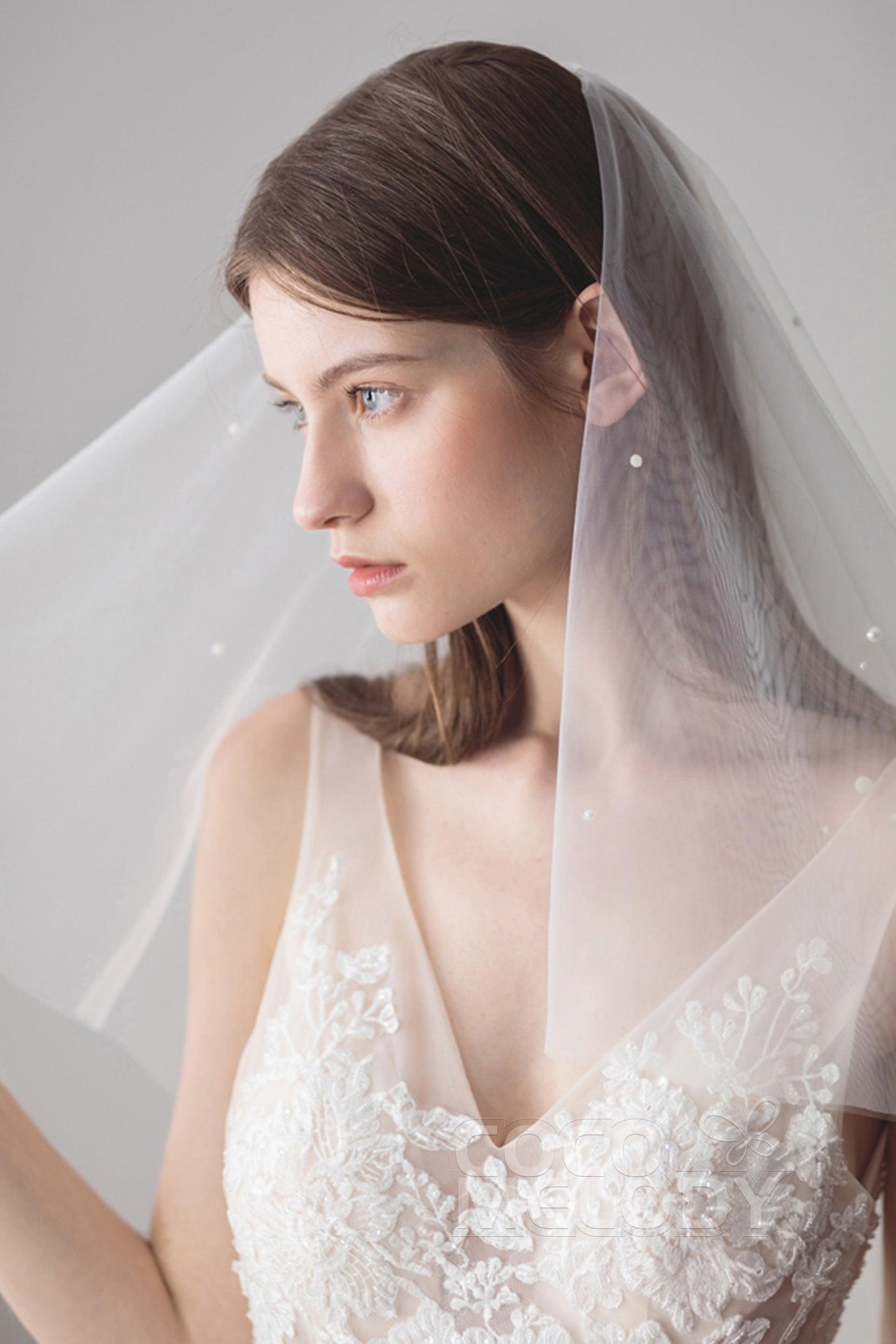 Two-tier Cut Edge Tulle Elbow Veils with Pearls AV18029 - COCOMELODY