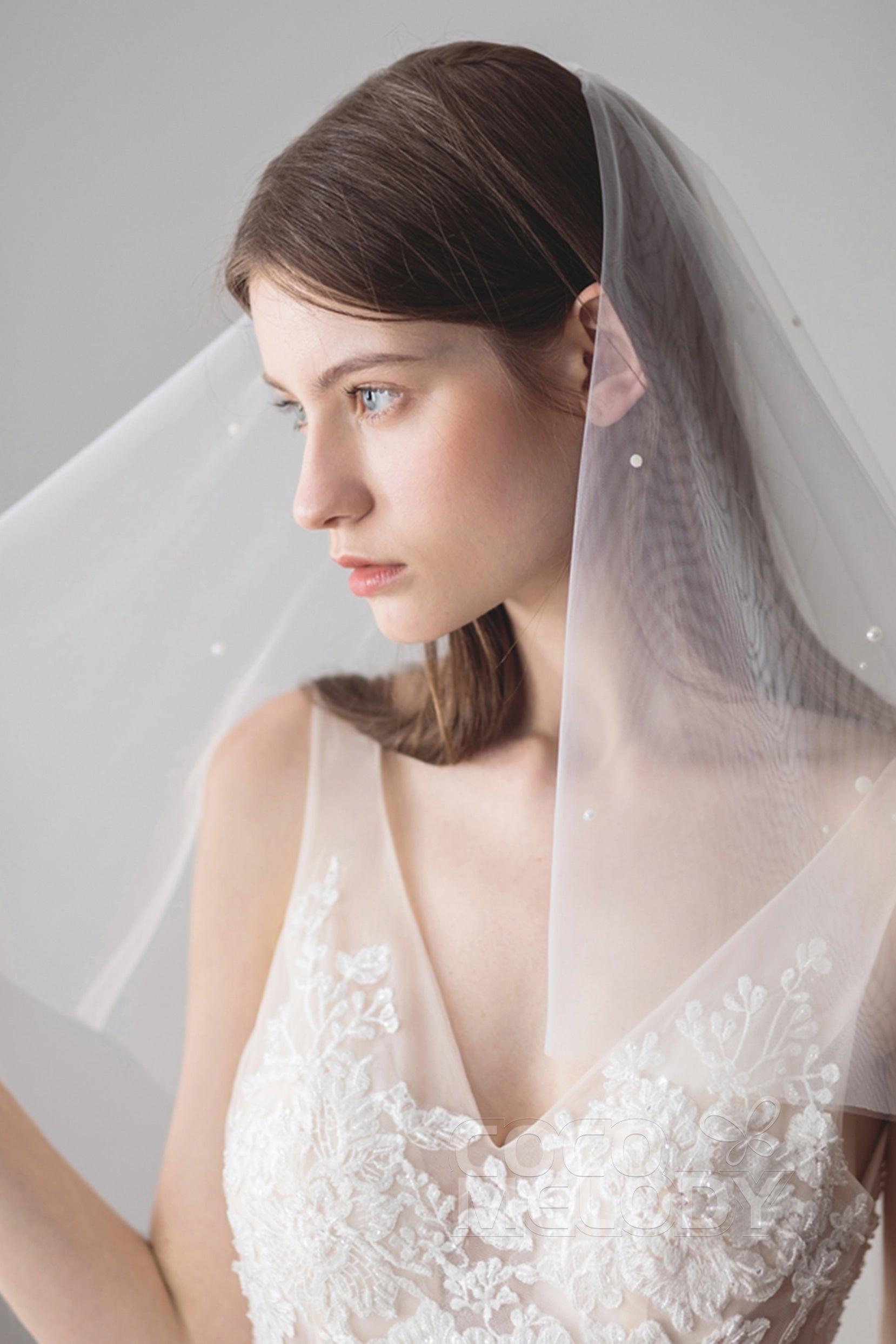 Two-tier Cut Edge Tulle Elbow Veils with Pearls AV18029 - COCOMELODY