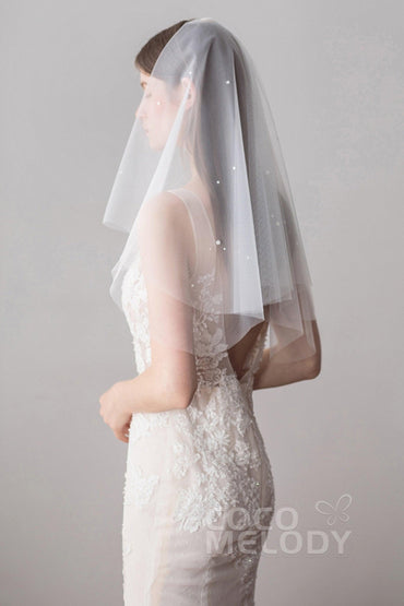Two-tier Cut Edge Tulle Elbow Veils with Pearls AV18029 - COCOMELODY