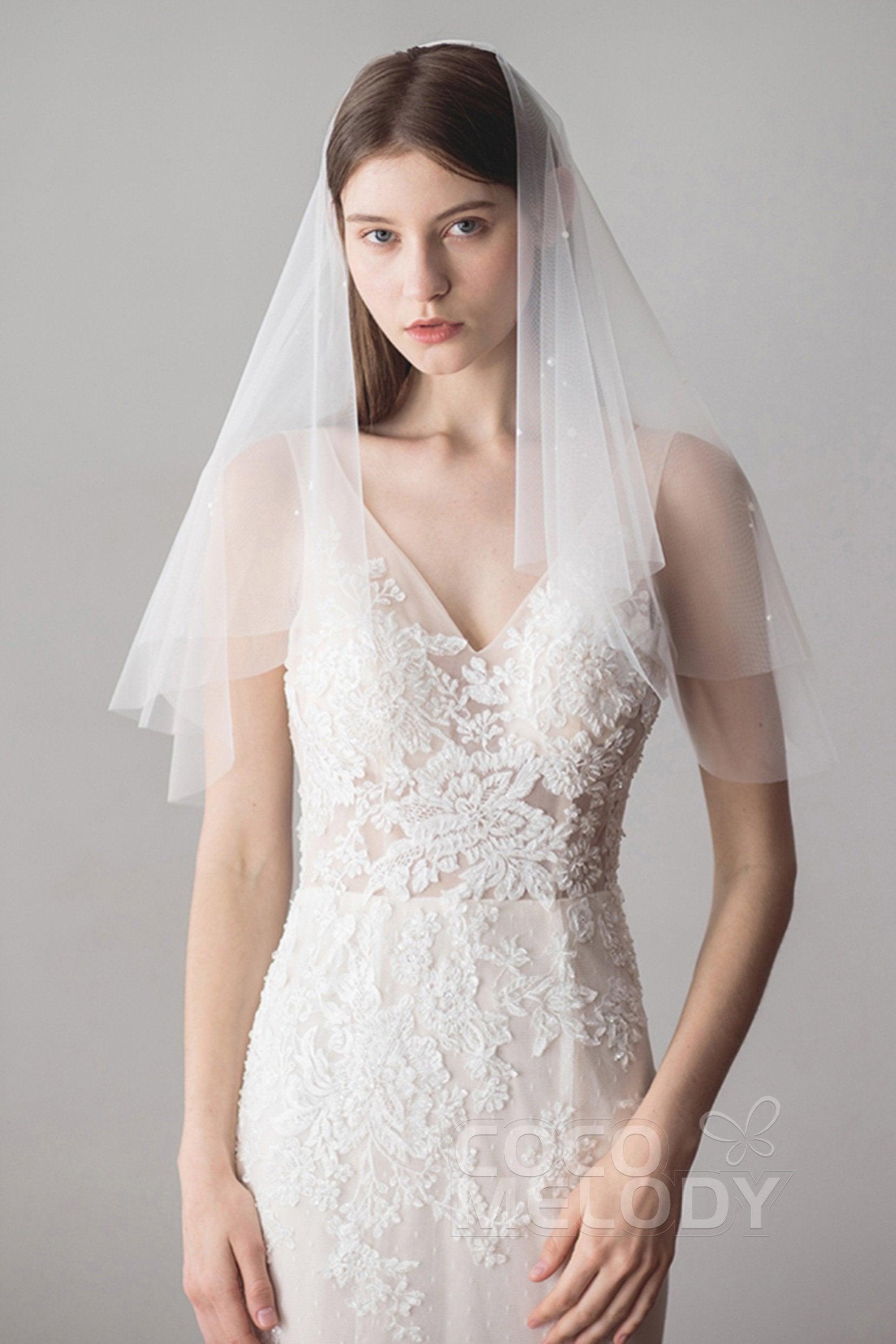 Two-tier Cut Edge Tulle Elbow Veils with Pearls AV18029 - COCOMELODY