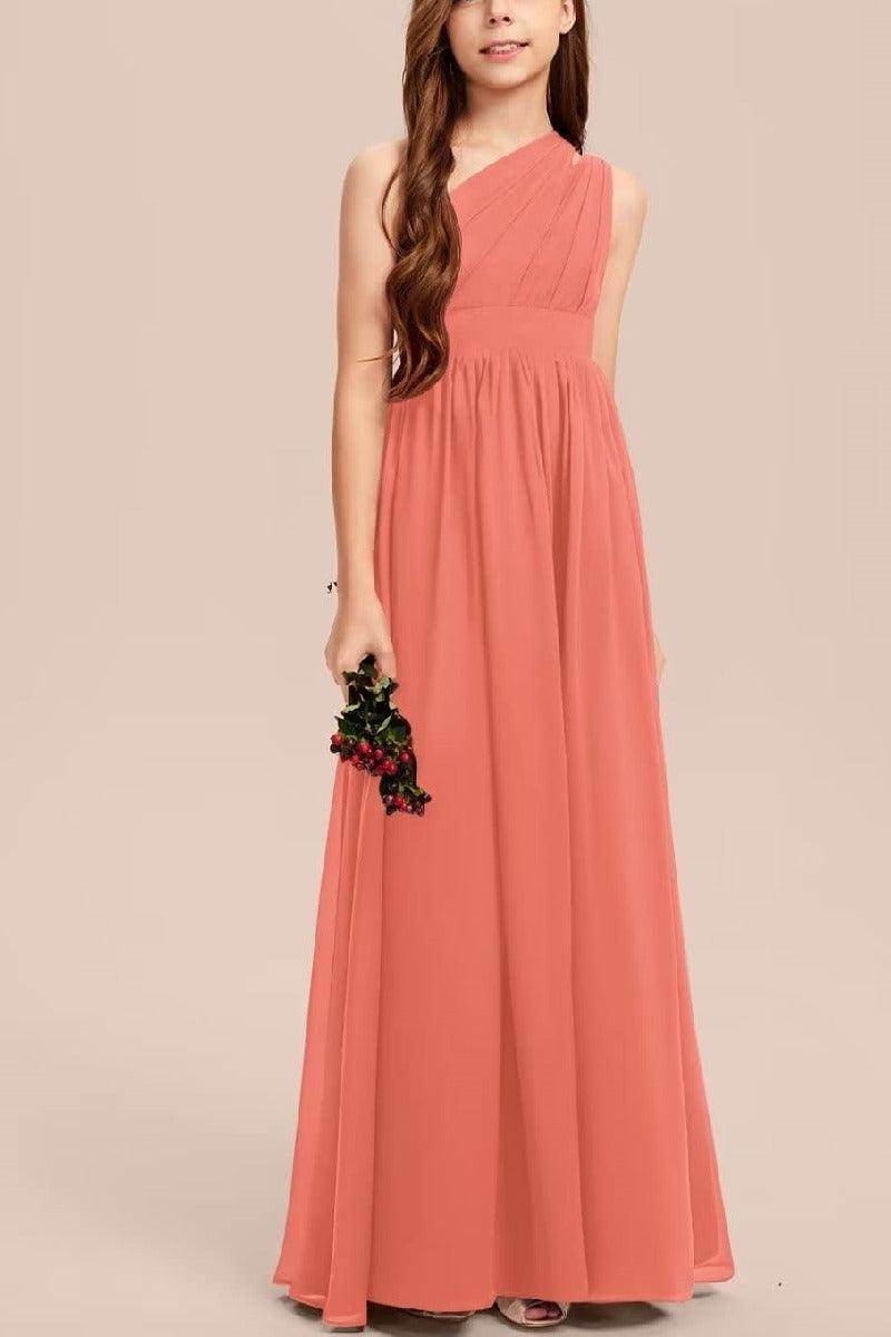 One Shoulder A-Line Chiffon Junior Bridesmaid Dress for Wedding COCOMELODY B0C69DBSKL, Orange