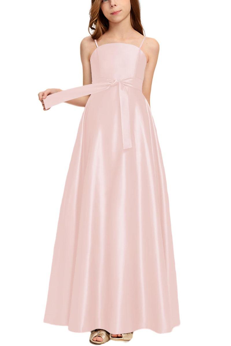 Satin Junior Bridesmaid Dress with Bow & Pockets B0C7KY63LX - COCOMELODY
