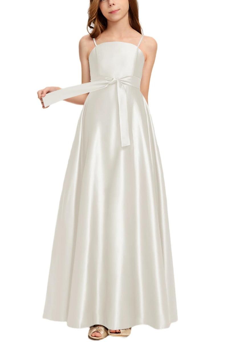 Satin Junior Bridesmaid Dress with Bow & Pockets B0C7KY63LX - COCOMELODY