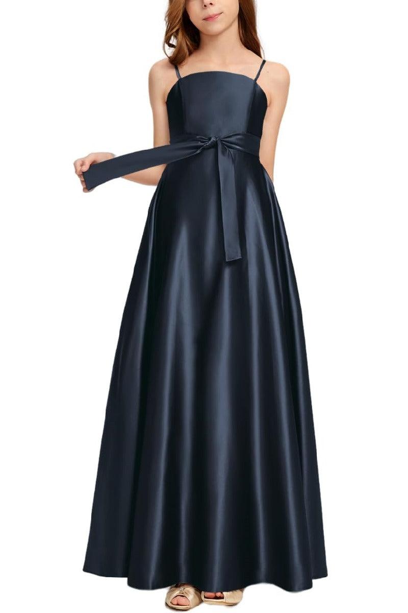 Satin Junior Bridesmaid Dress with Bow & Pockets B0C7KY63LX - COCOMELODY