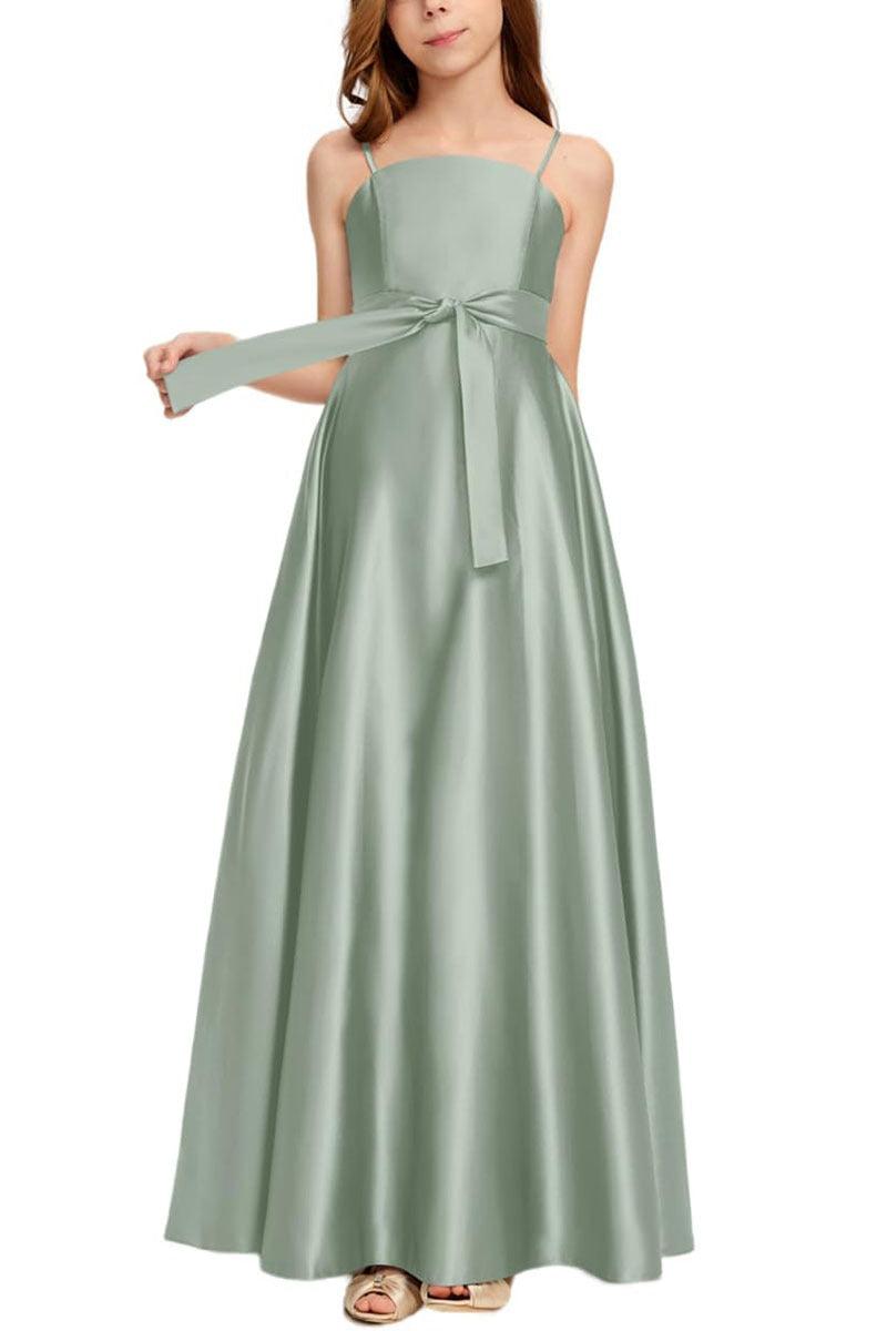 Satin Junior Bridesmaid Dress with Bow & Pockets B0C7KY63LX - COCOMELODY