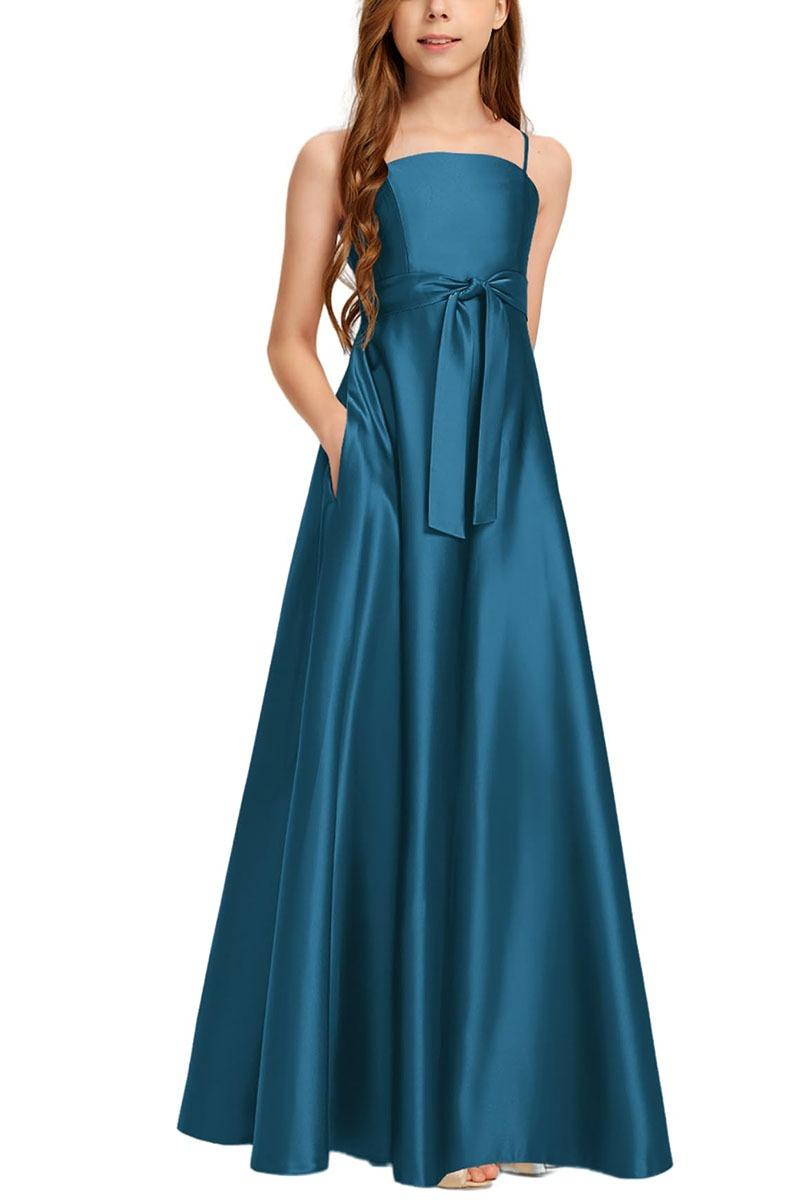 Satin Junior Bridesmaid Dress with Bow & Pockets B0C7KY63LX - COCOMELODY