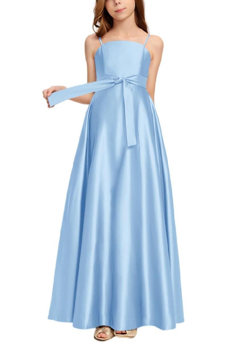 Satin Junior Bridesmaid Dress with Bow & Pockets B0C7KY63LX - COCOMELODY
