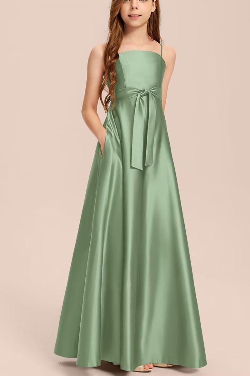 Satin Junior Bridesmaid Dress with Bow & Pockets B0C7KY63LX - COCOMELODY