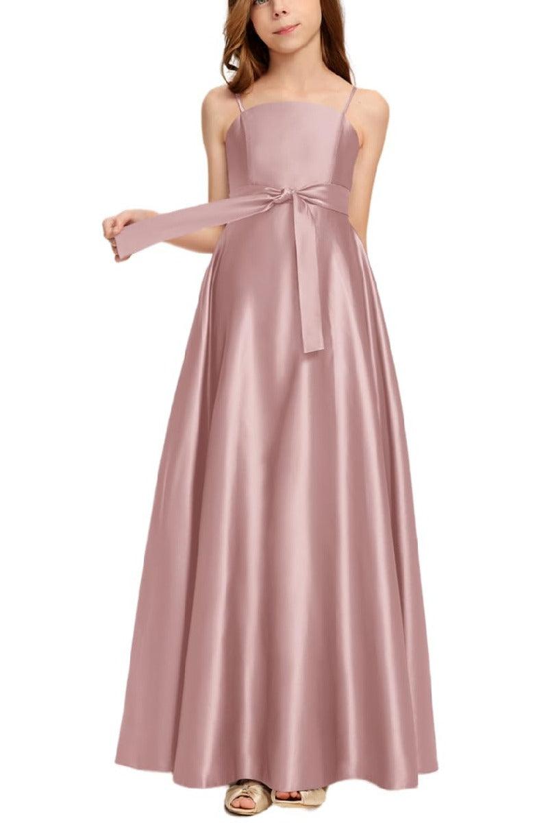 Satin Junior Bridesmaid Dress with Bow & Pockets B0C7KY63LX - COCOMELODY
