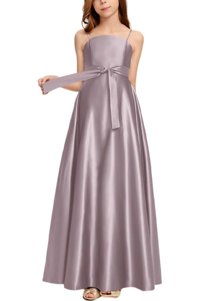Satin Junior Bridesmaid Dress with Bow & Pockets B0C7KY63LX - COCOMELODY