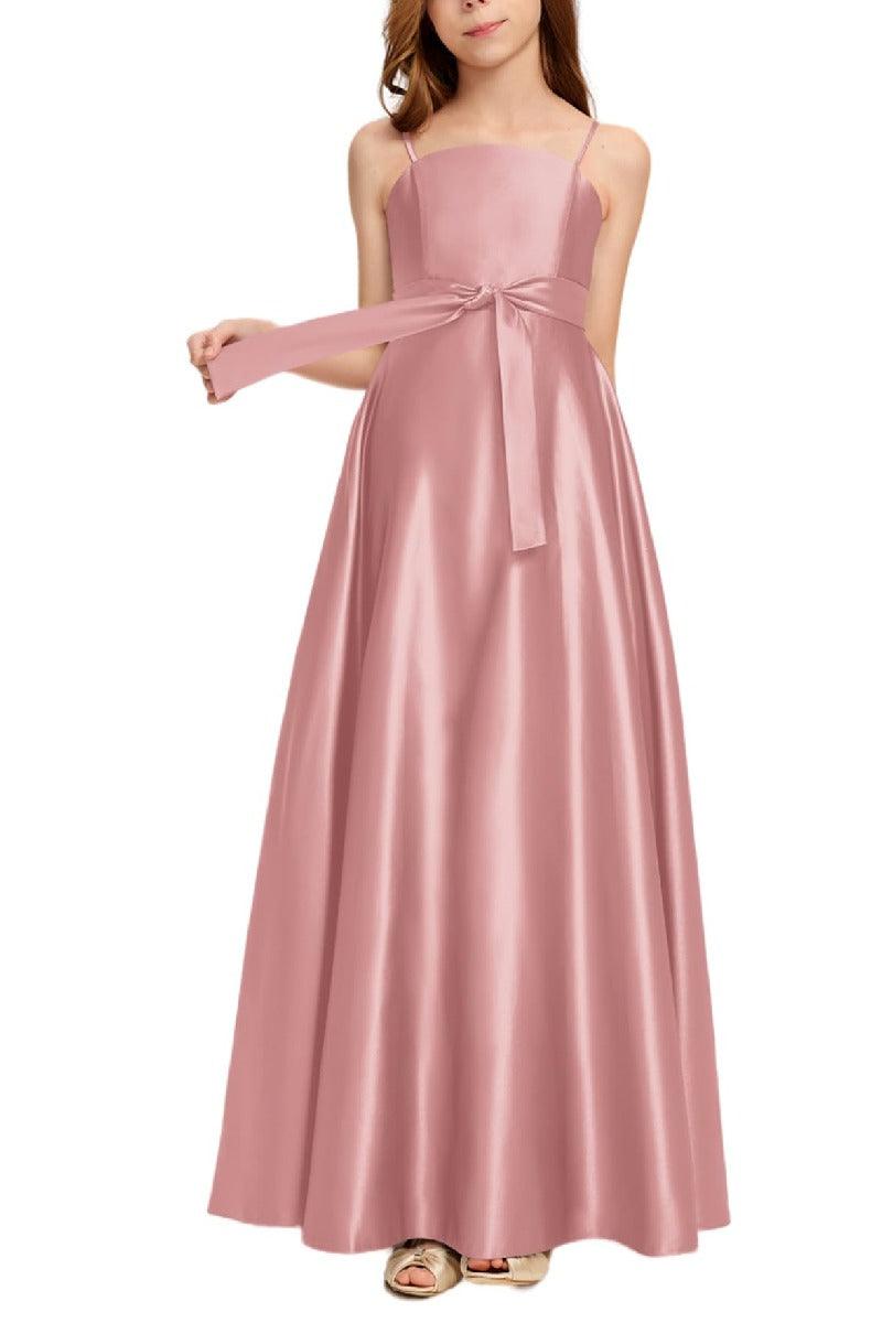 Satin Junior Bridesmaid Dress with Bow & Pockets B0C7KY63LX - COCOMELODY