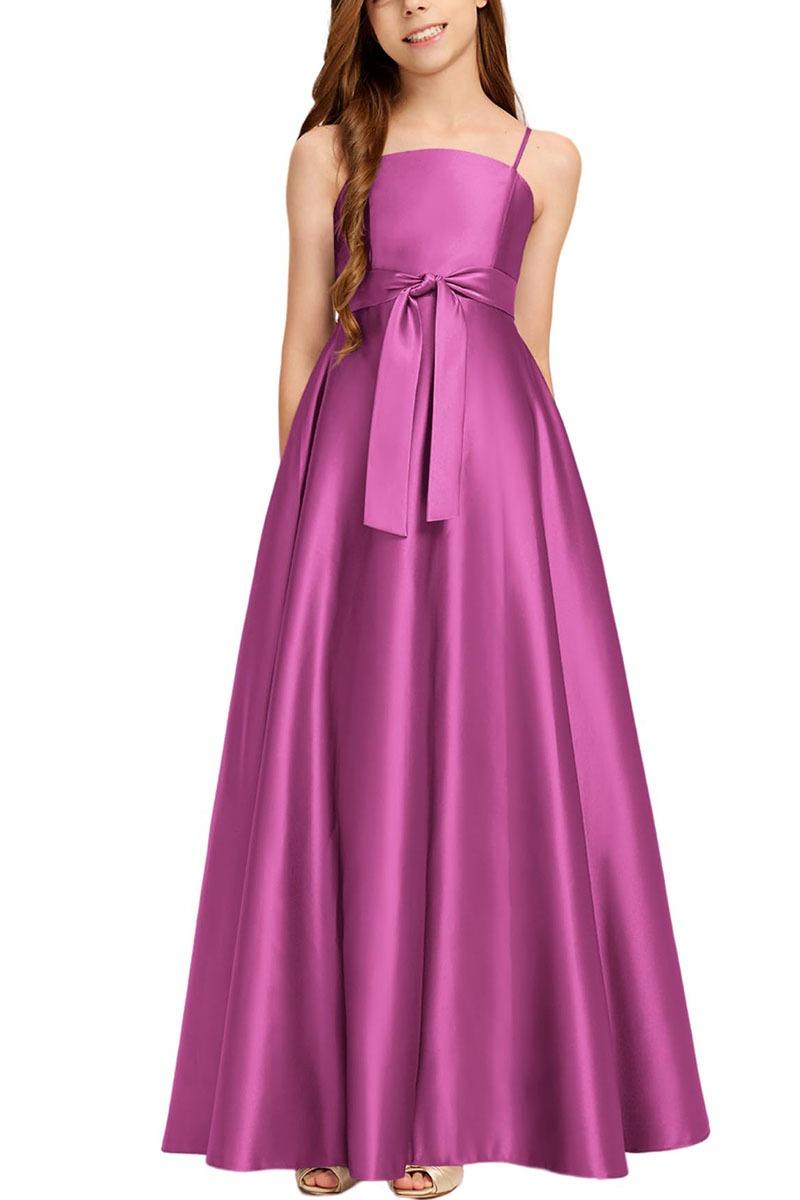 Satin Junior Bridesmaid Dress with Bow & Pockets B0C7KY63LX - COCOMELODY