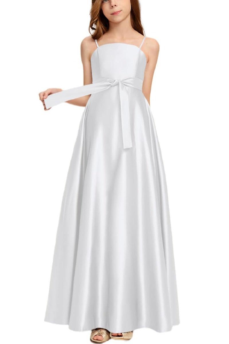 Satin Junior Bridesmaid Dress with Bow & Pockets B0C7KY63LX - COCOMELODY