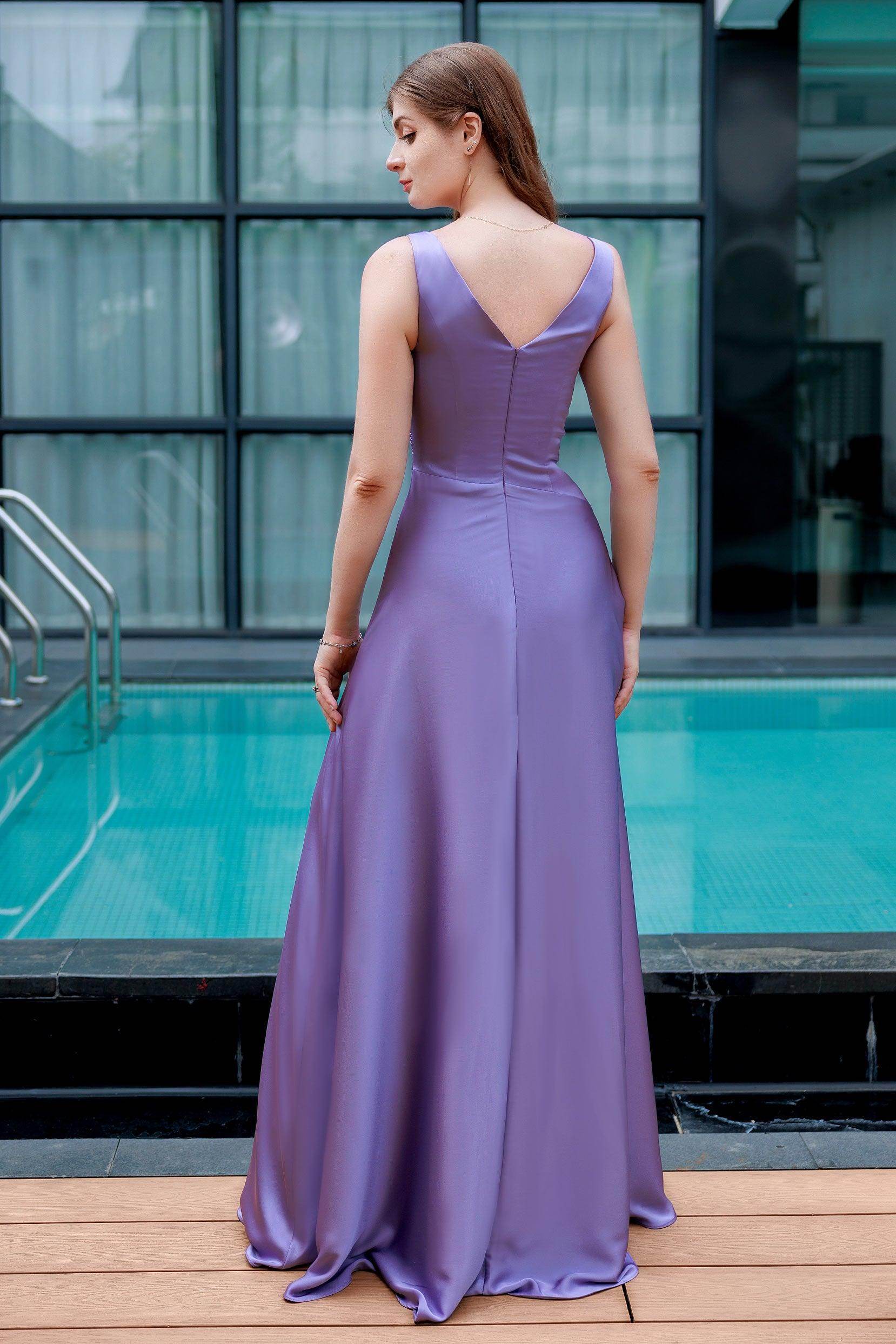 purple satin bridesmaid dresses Sheath Satin Pleated Scoop Side Slit Lilac Long Bridesmaid Dress QB3084 US10 / Custom Color