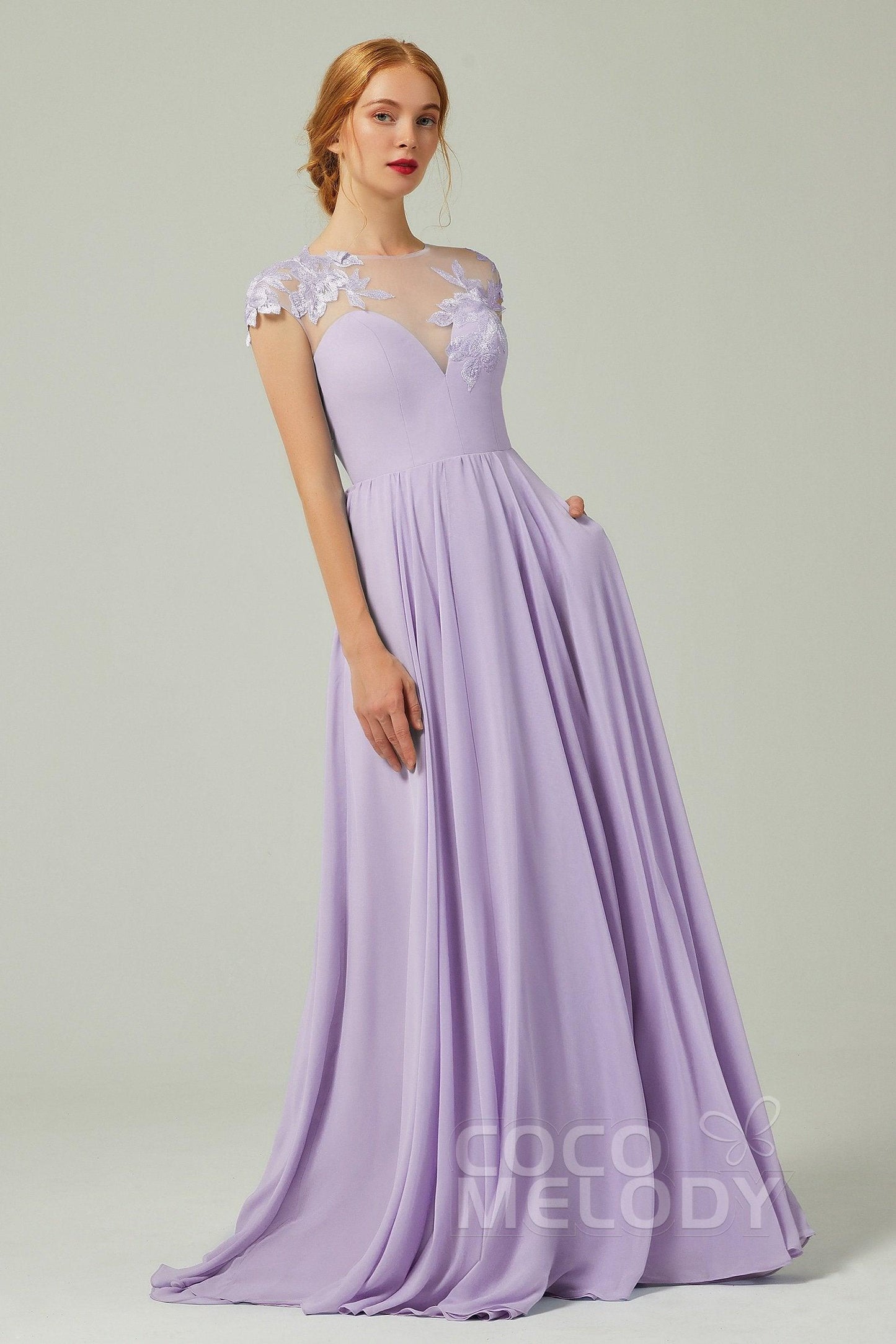 A-Line Sweep-Brush-Train Chiffon Bridesmaid Dress CB0248CR - COCOMELODY