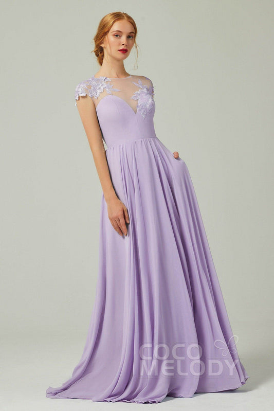 A-Line Sweep-Brush-Train Chiffon Bridesmaid Dress CB0248PS - COCOMELODY