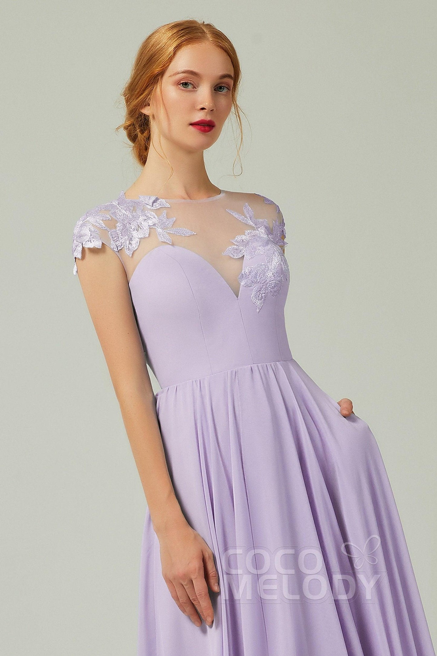 A-Line Sweep-Brush-Train Chiffon Bridesmaid Dress CB0248CR - COCOMELODY