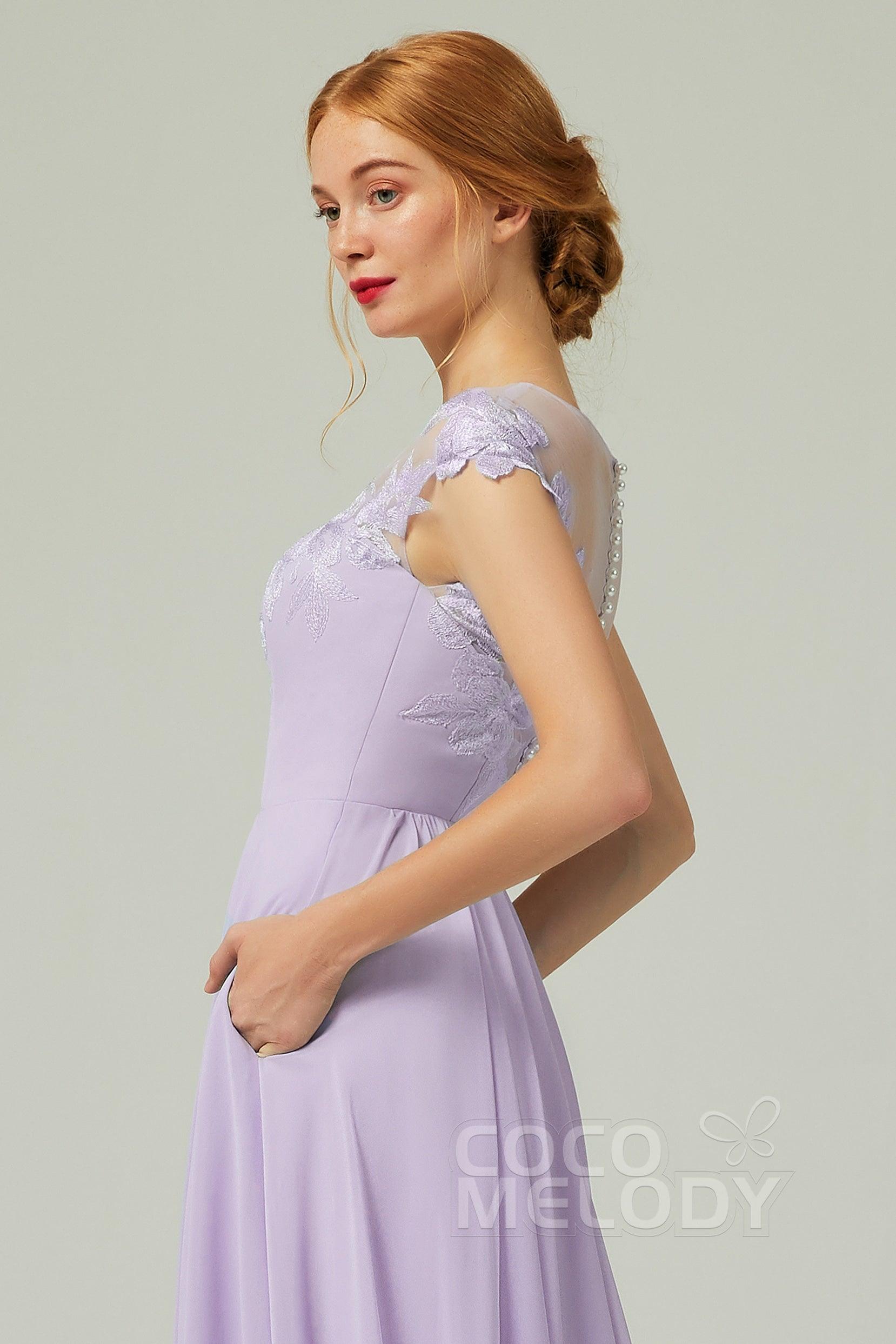 A-Line Sweep-Brush-Train Chiffon Bridesmaid Dress CB0248CR - COCOMELODY