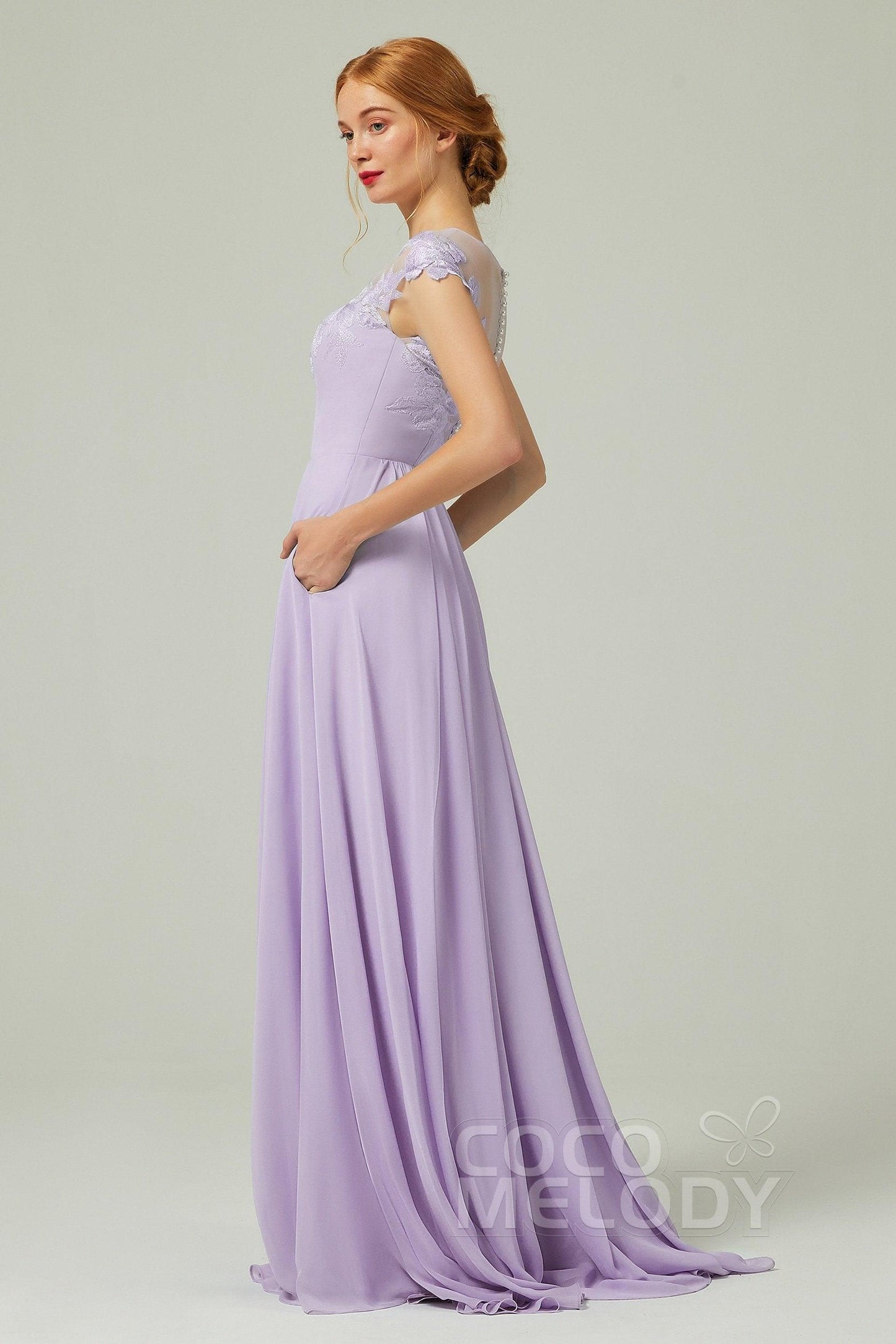 A-Line Sweep-Brush-Train Chiffon Bridesmaid Dress CB0248CR - COCOMELODY