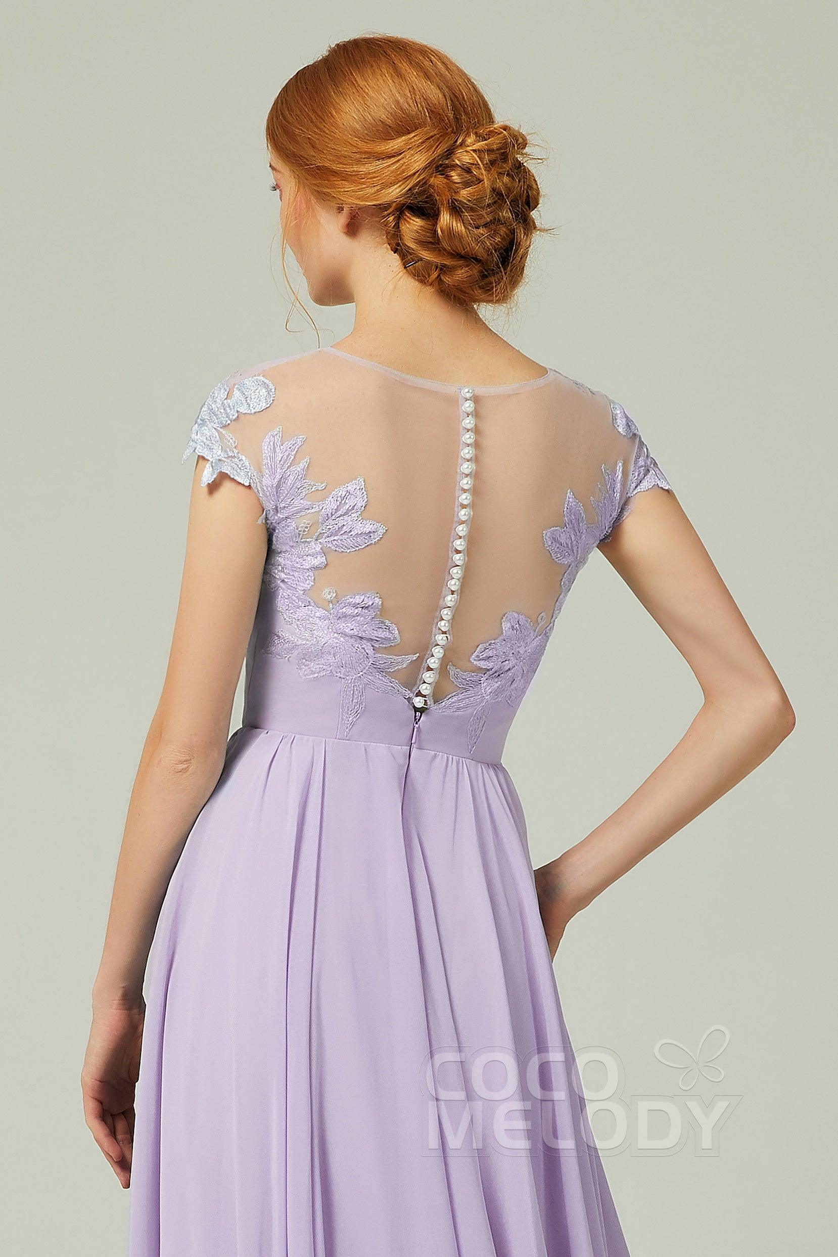 A-Line Sweep-Brush-Train Chiffon Bridesmaid Dress CB0248CR - COCOMELODY