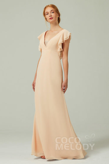 Sheath-Column Floor Length Chiffon Bridesmaid Dress CB0304CR - COCOMELODY