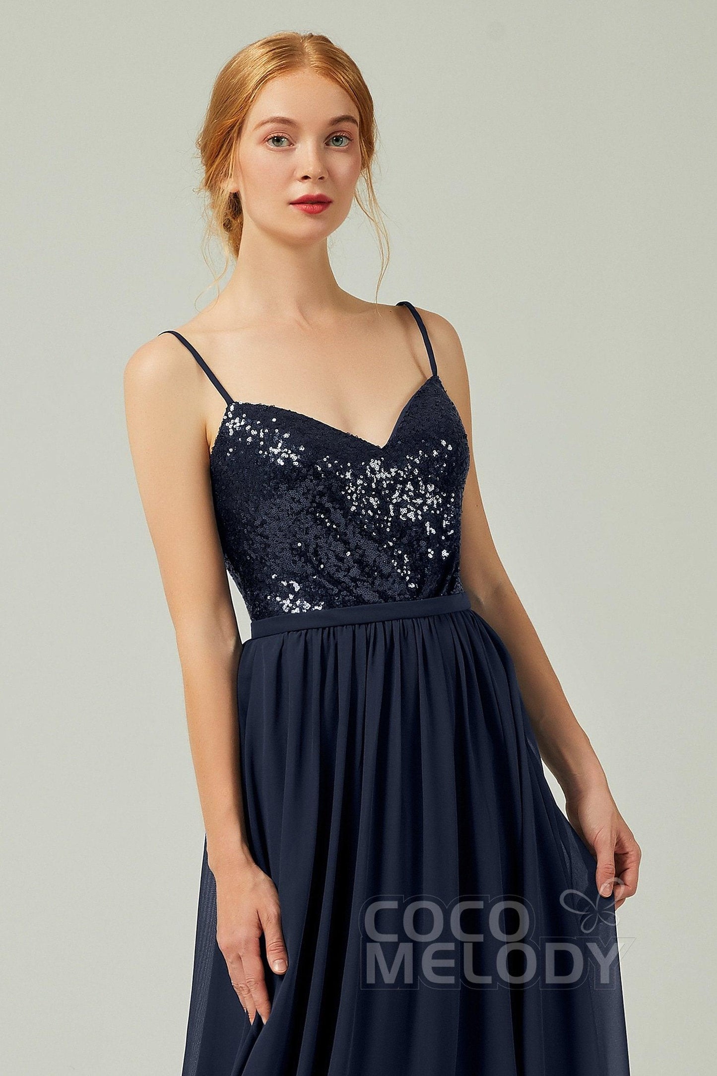A-Line Floor Length Chiffon Sequined Bridesmaid Dress Formal Dresses CB0333 - COCOMELODY