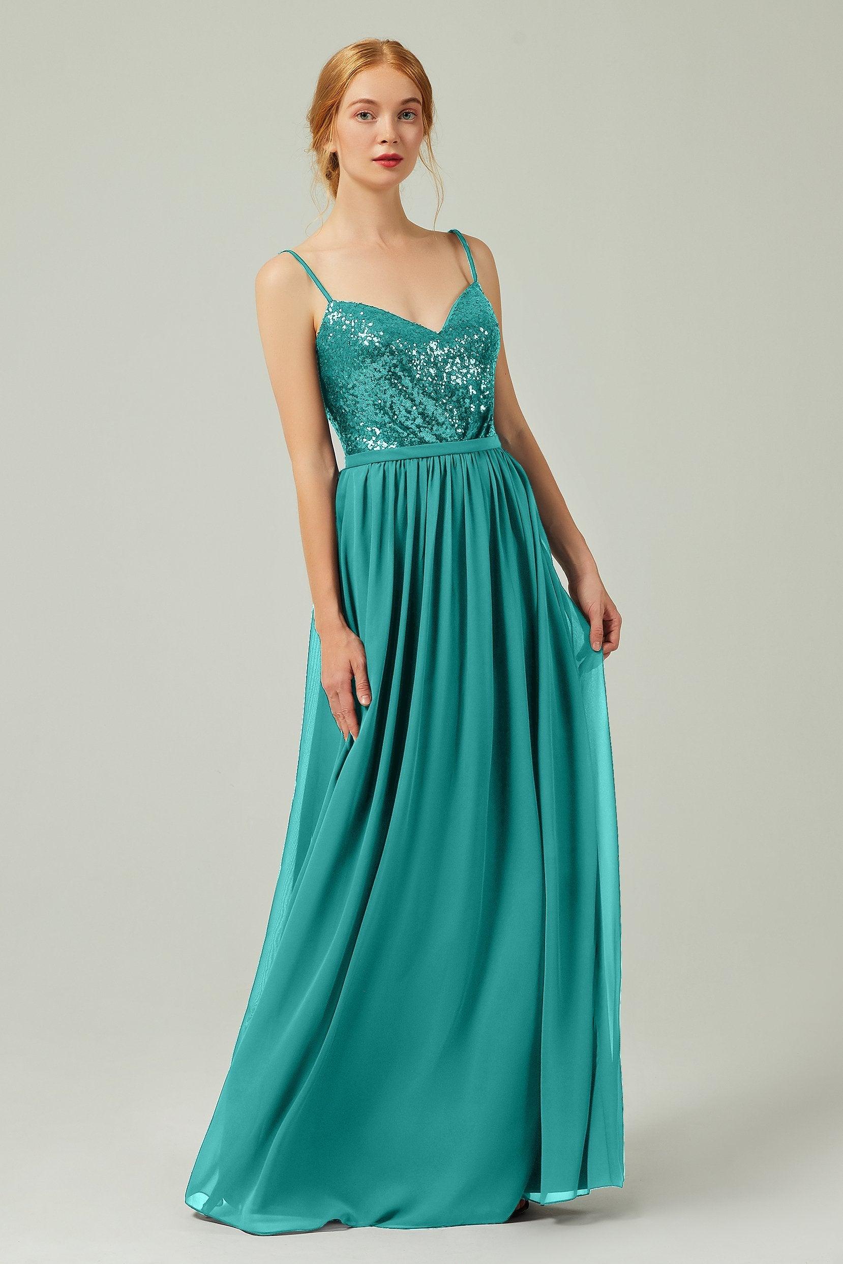 A-Line Floor Length Chiffon Sequined Bridesmaid Dress Formal Dresses CB0333 - COCOMELODY