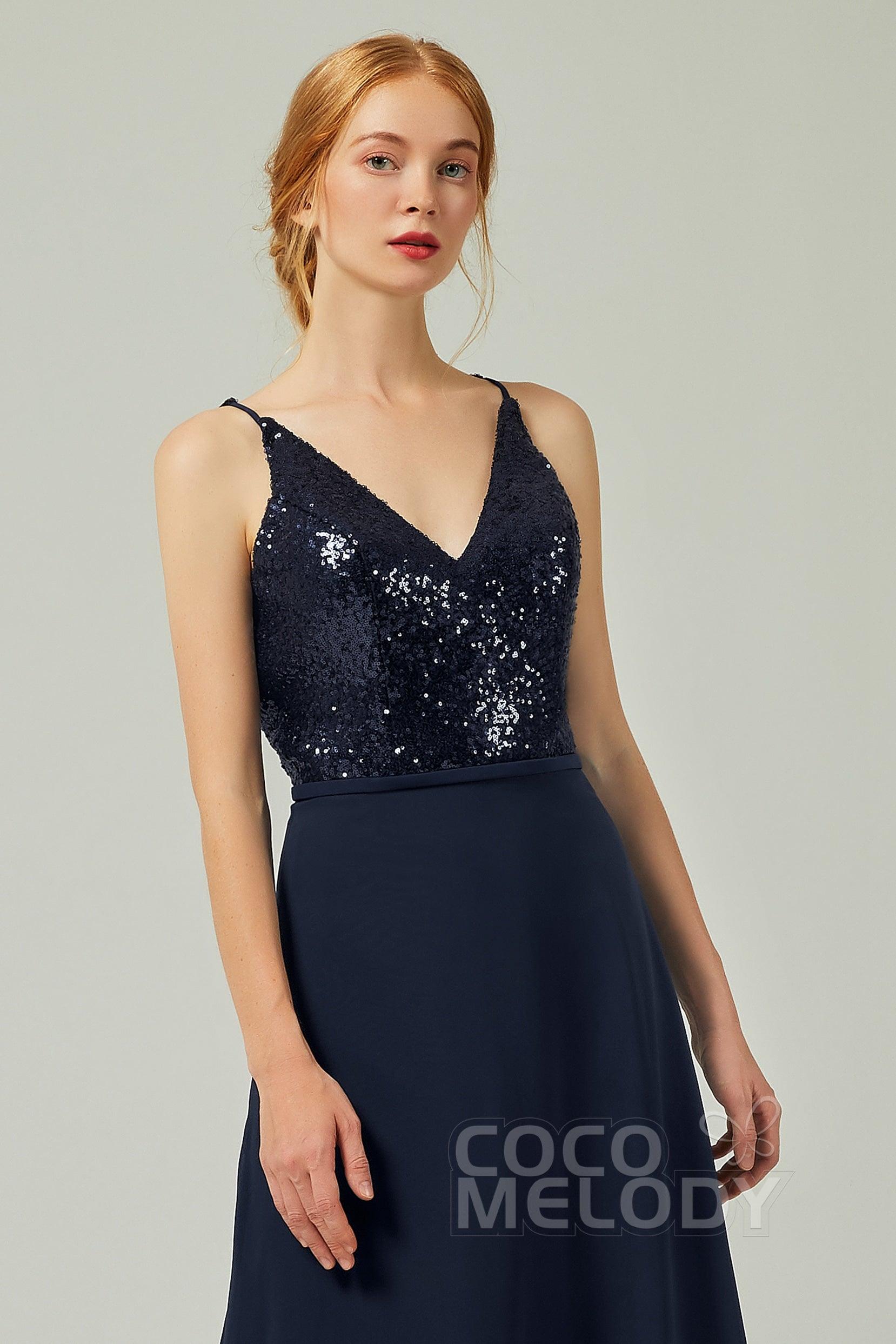 A-Line Floor Length Chiffon Sequined Bridesmaid Dress Formal Dresses CB0335 - COCOMELODY