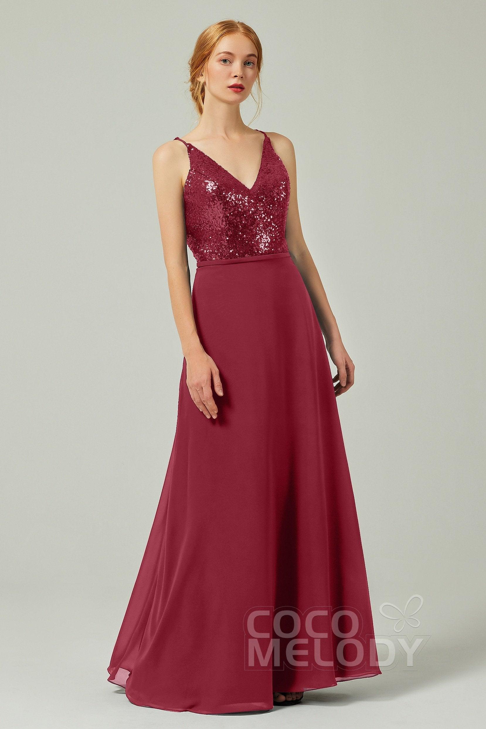 A-Line Floor Length Chiffon Sequined Bridesmaid Dress Formal Dresses CB0335 - COCOMELODY
