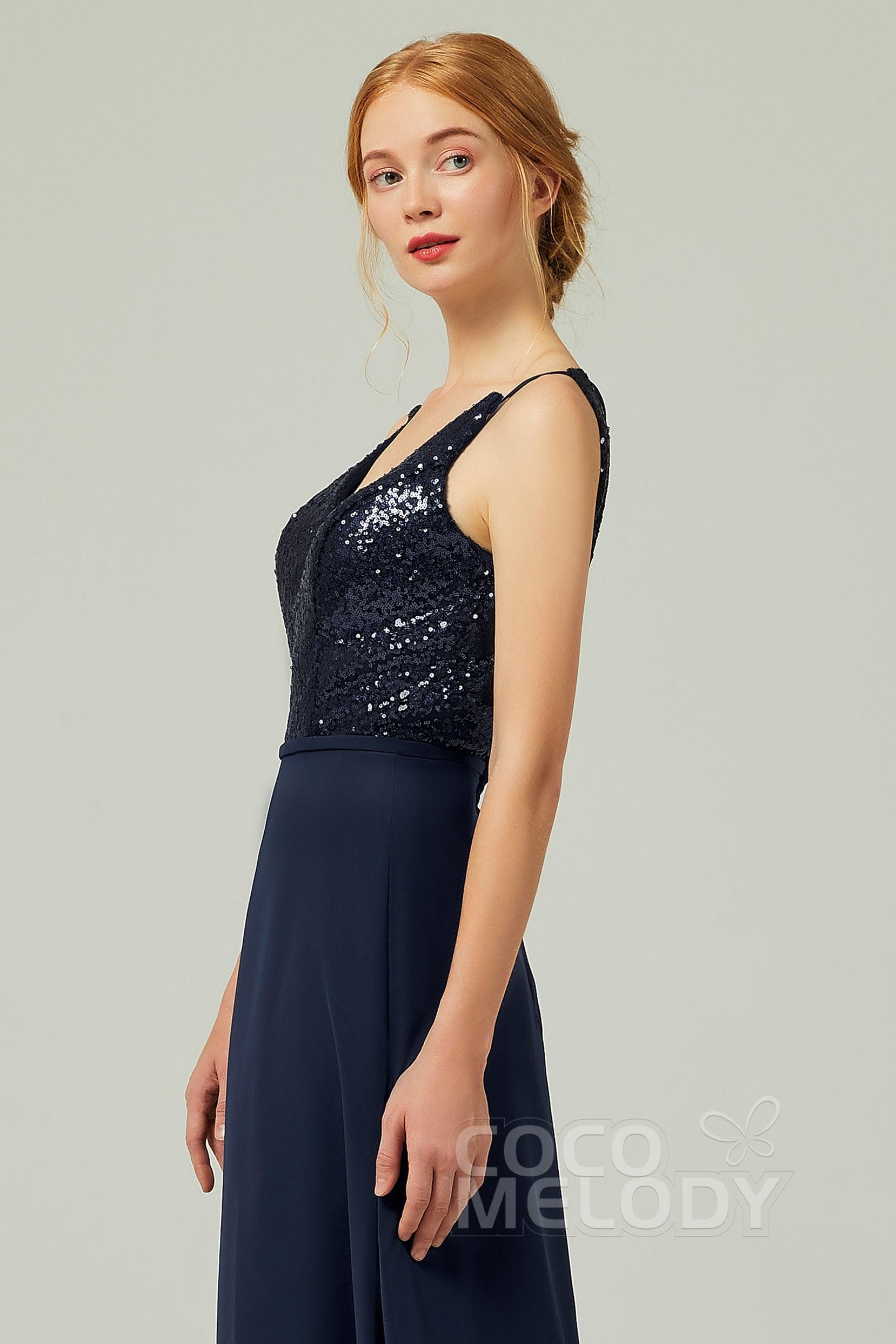 A-Line Floor Length Chiffon Sequined Bridesmaid Dress Formal Dresses CB0335 - COCOMELODY