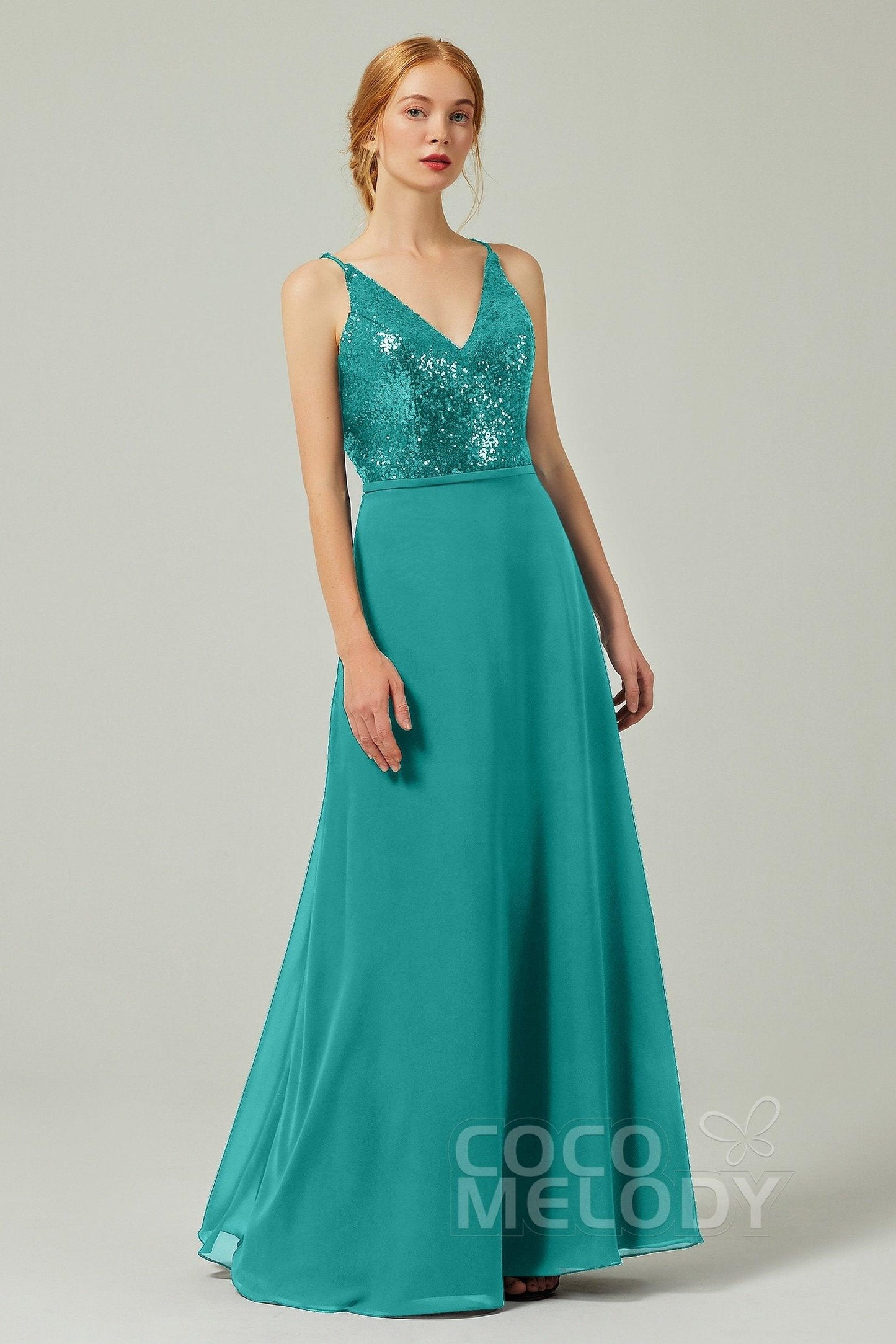 A-Line Floor Length Chiffon Sequined Bridesmaid Dress Formal Dresses CB0335 - COCOMELODY