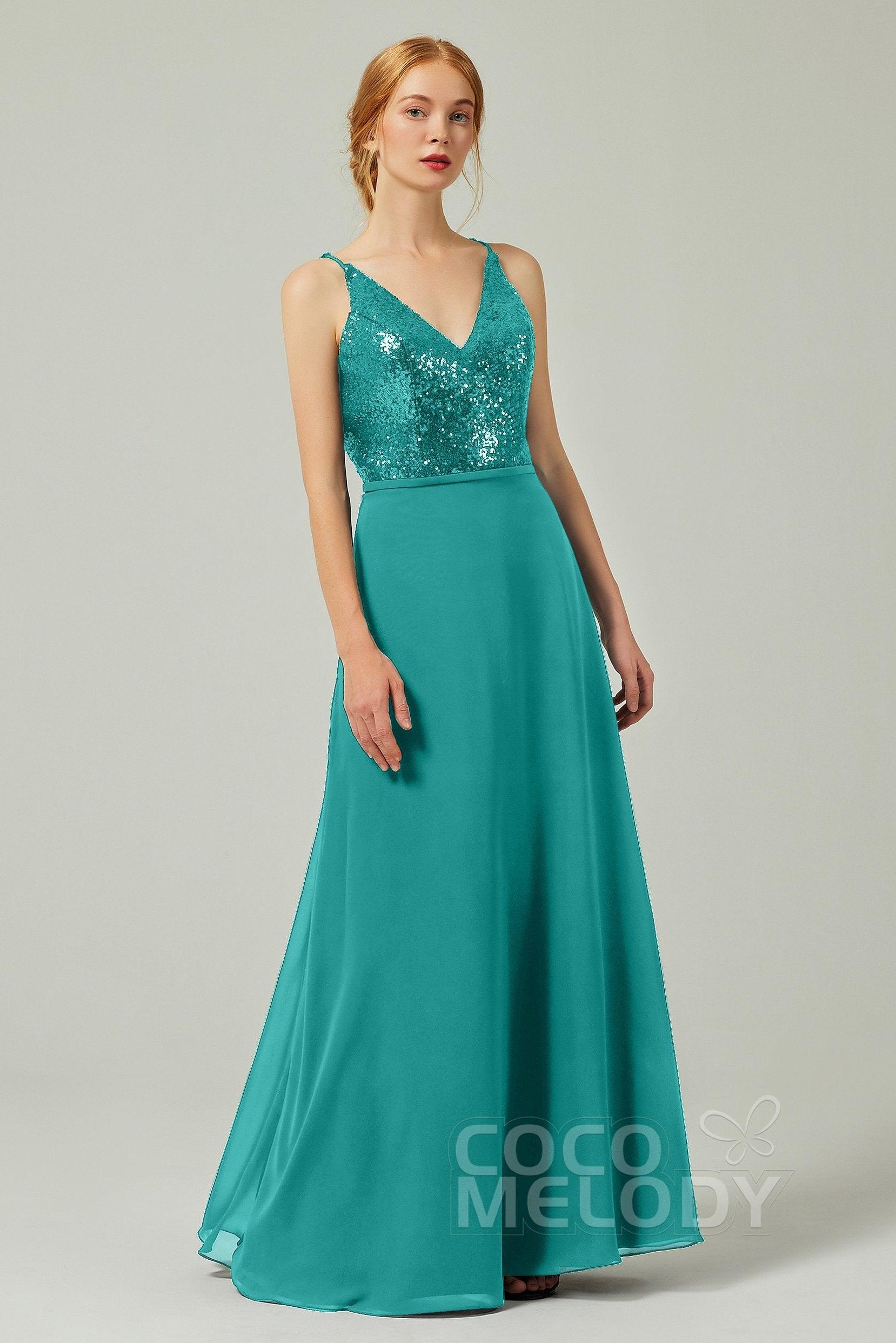 A-Line Floor Length Chiffon Sequined Bridesmaid Dress Formal Dresses CB0335 - COCOMELODY