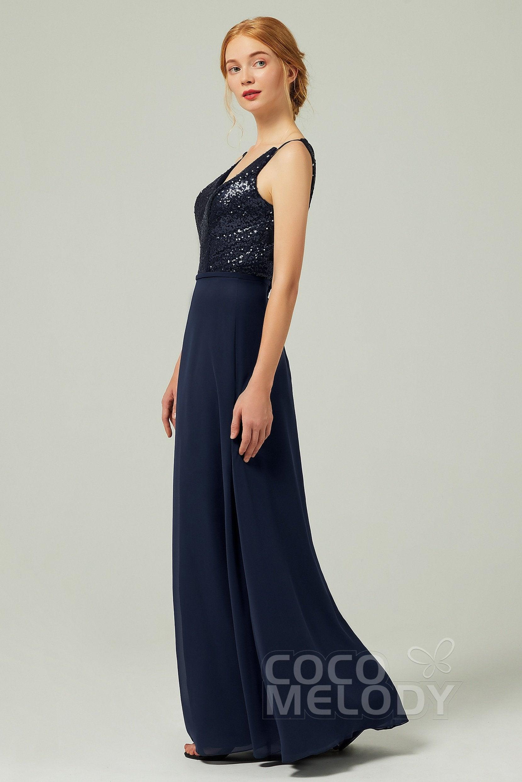 A-Line Floor Length Chiffon Sequined Bridesmaid Dress Formal Dresses CB0335 - COCOMELODY