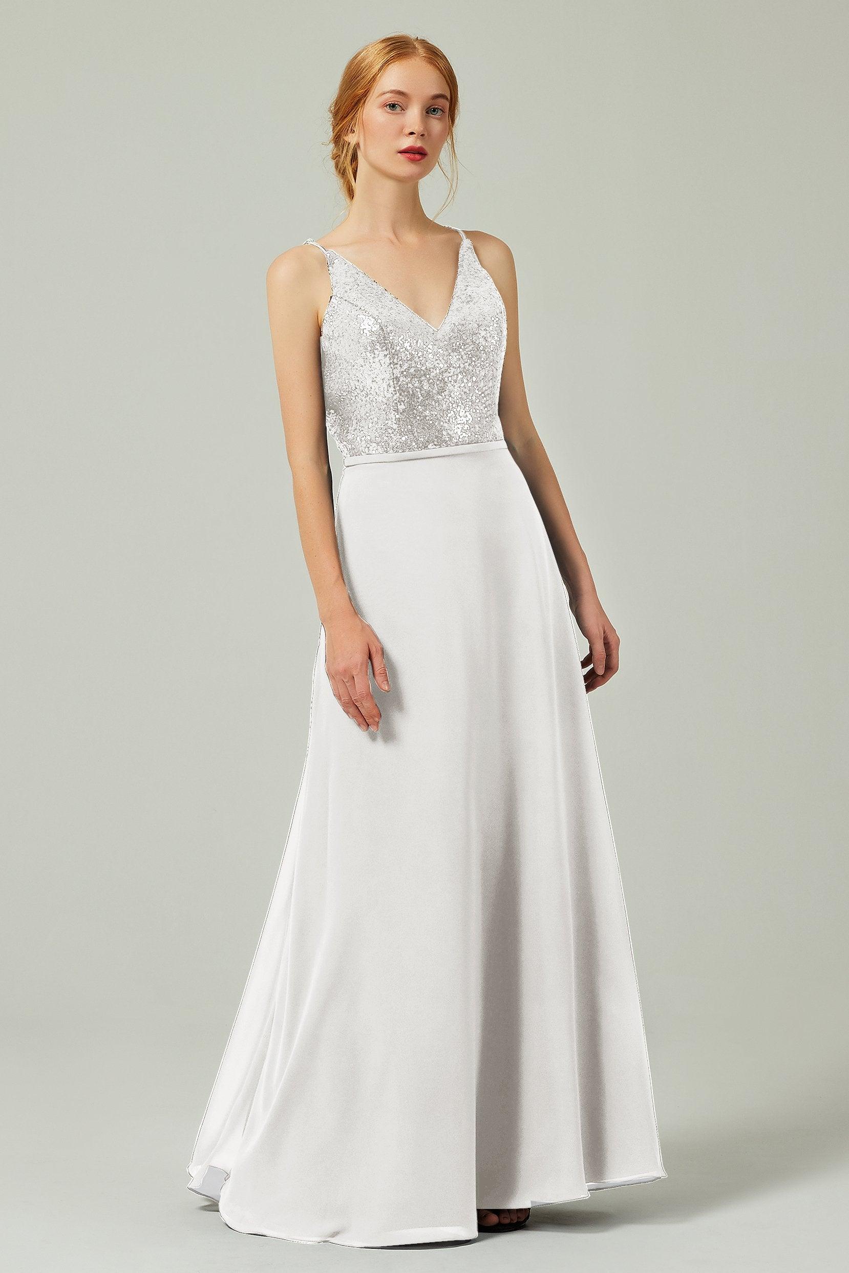 A-Line Floor Length Chiffon Sequined Bridesmaid Dress Formal Dresses CB0335 - COCOMELODY
