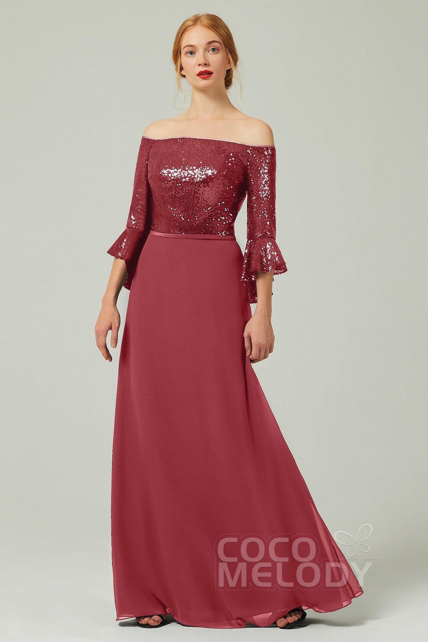 A-Line Floor Length Chiffon Sequined Bridesmaid Dress Formal Dresses CB0336 - COCOMELODY