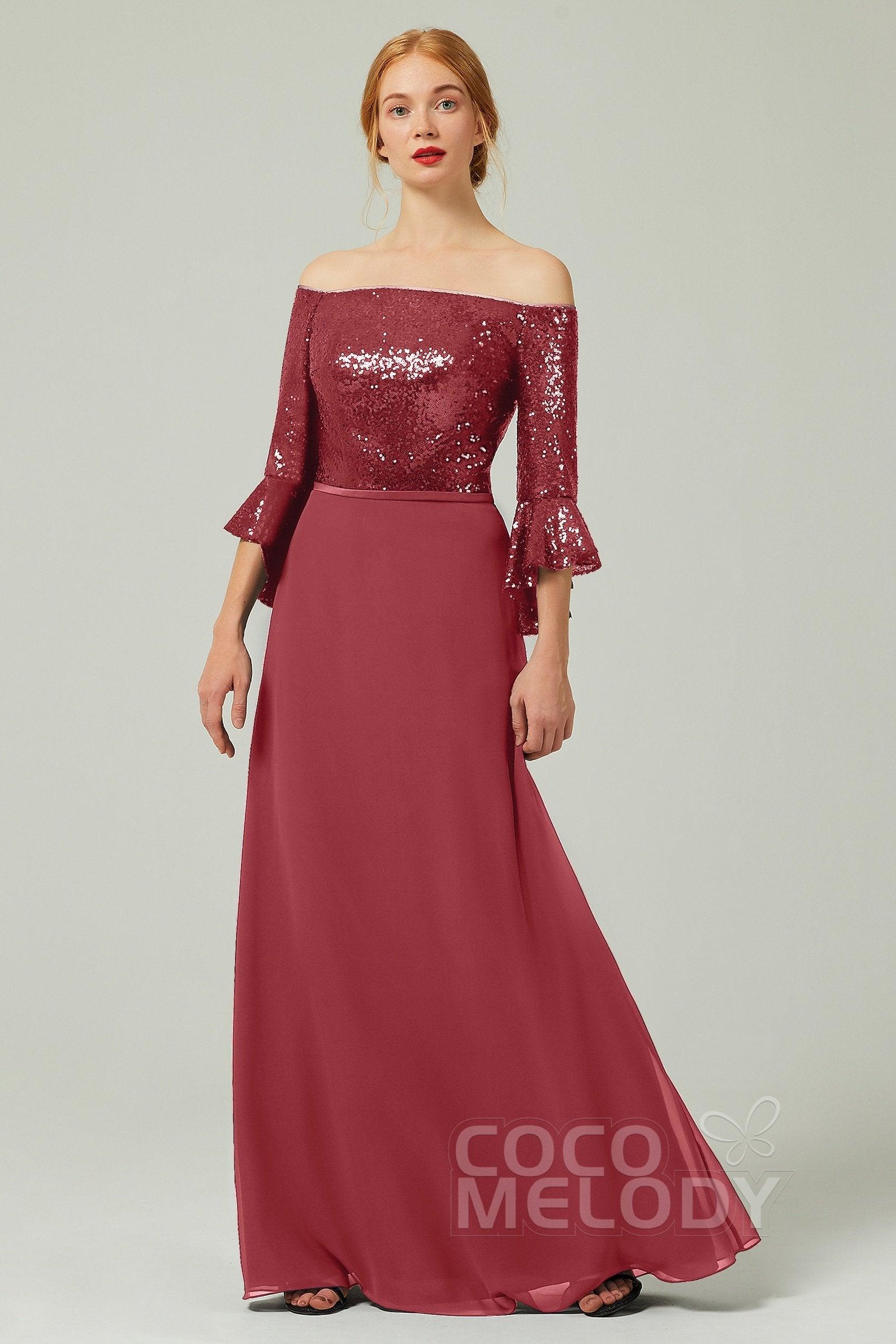 A-Line Floor Length Chiffon Sequined Bridesmaid Dress Formal Dresses CB0336 - COCOMELODY