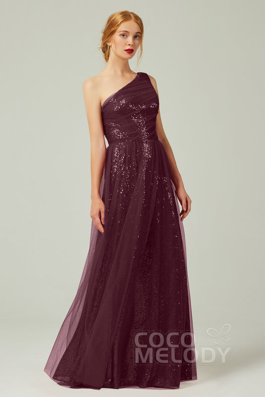A-Line Floor Length Tulle Sequined Bridesmaid Dress CB0342