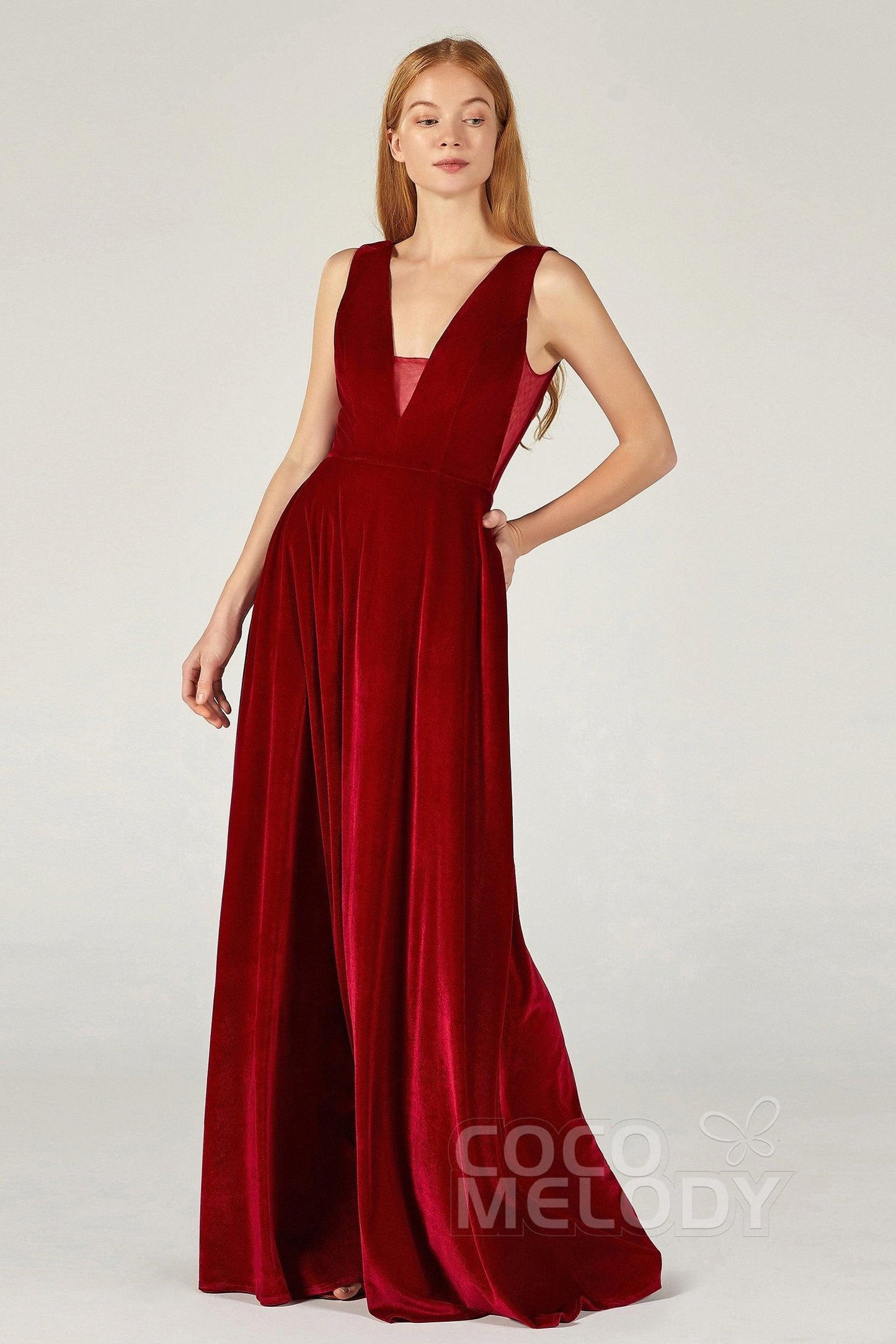 A-Line Floor Length Velvet Bridesmaid Dress CB0364CR