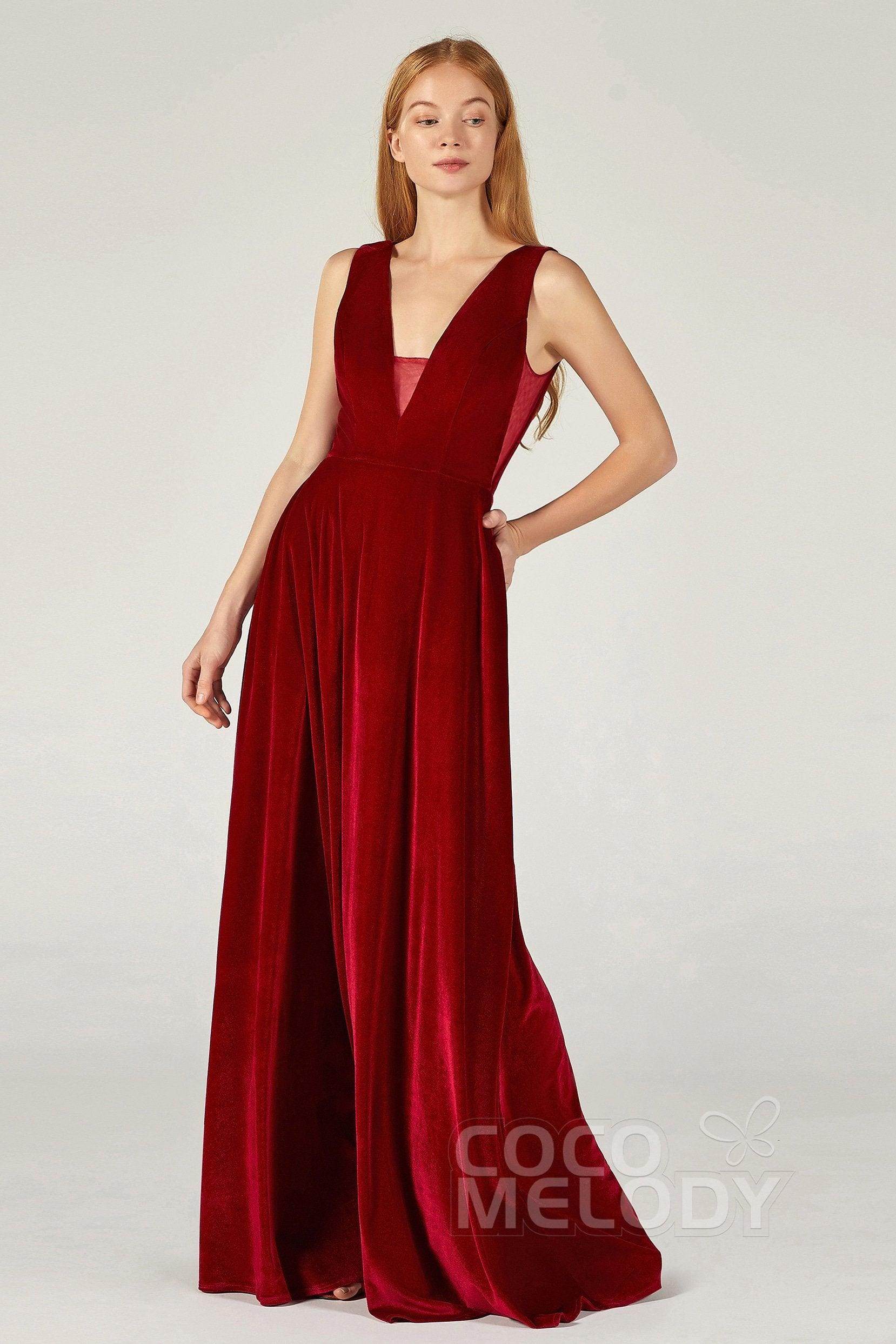A-Line Floor Length Velvet Bridesmaid Dress CB0364CR - COCOMELODY