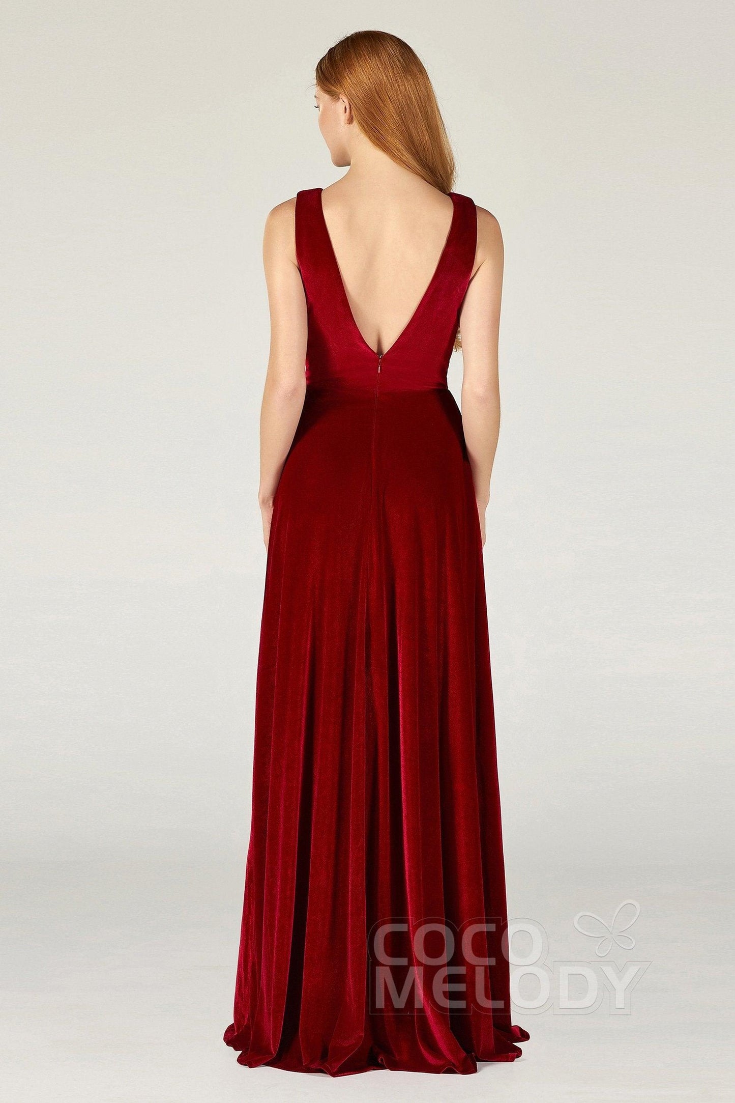 A-Line Floor Length Velvet Bridesmaid Dress CB0364CR - COCOMELODY