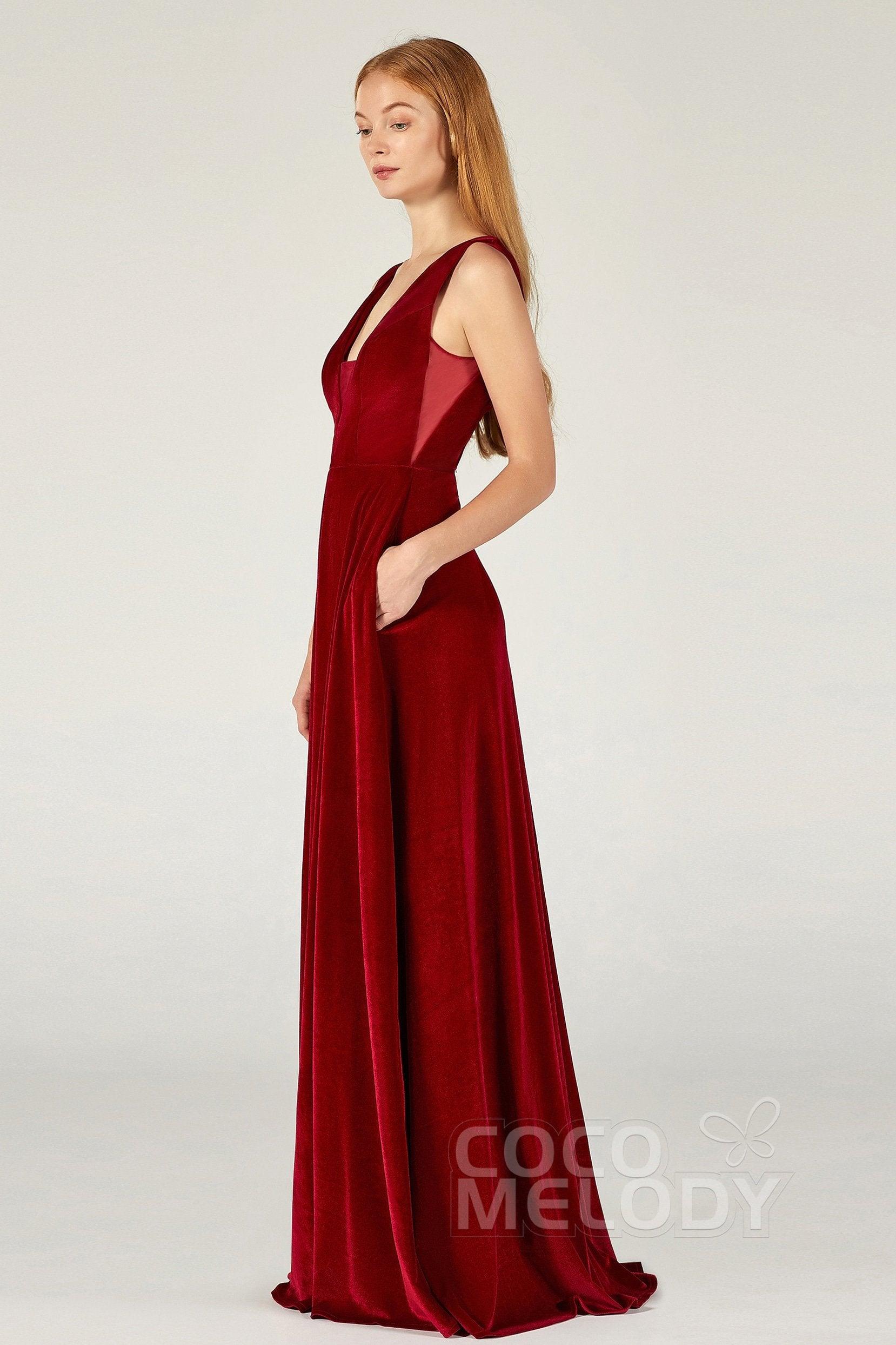 A-Line Floor Length Velvet Bridesmaid Dress CB0364CR - COCOMELODY