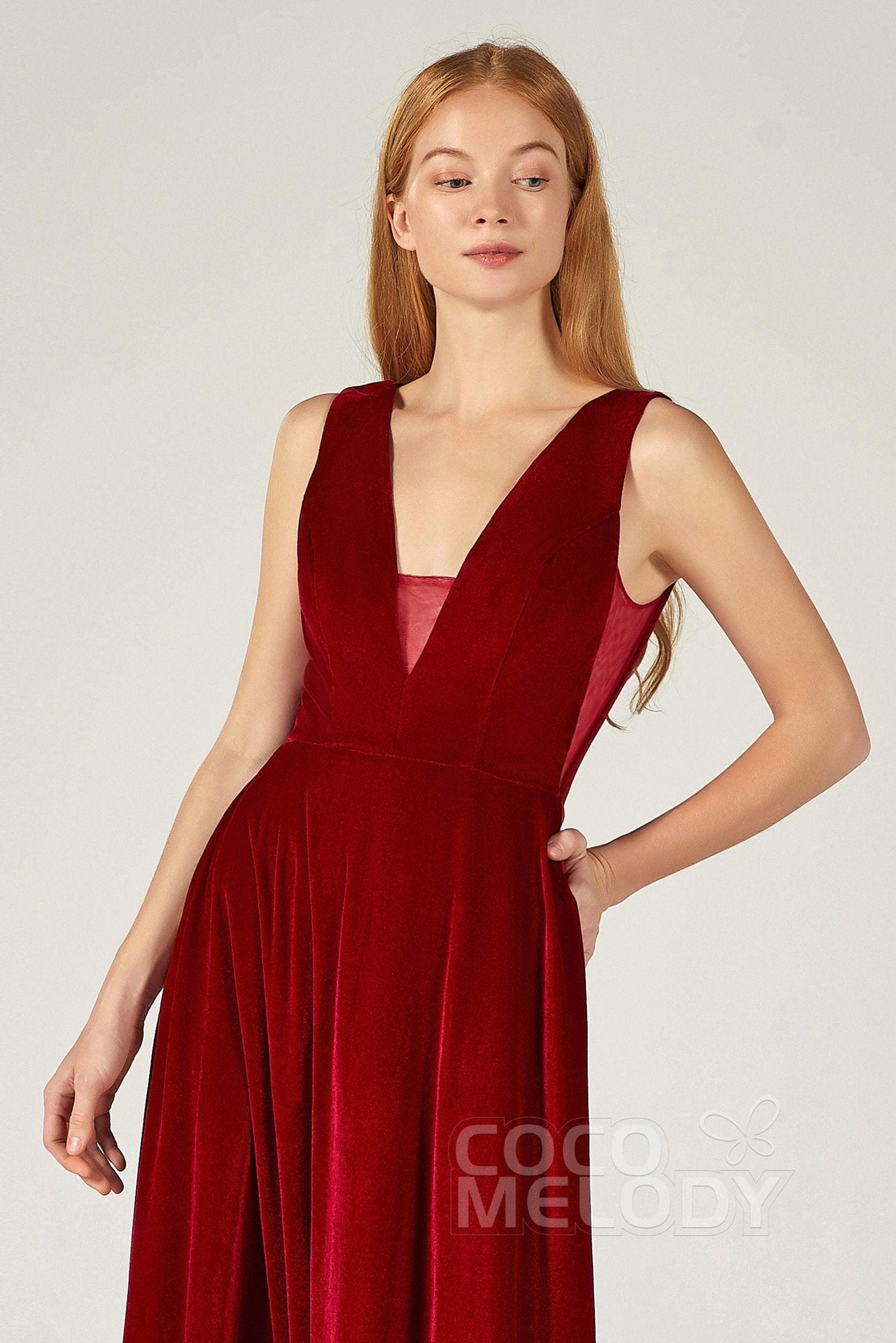A-Line Floor Length Velvet Bridesmaid Dress CB0364CR - COCOMELODY