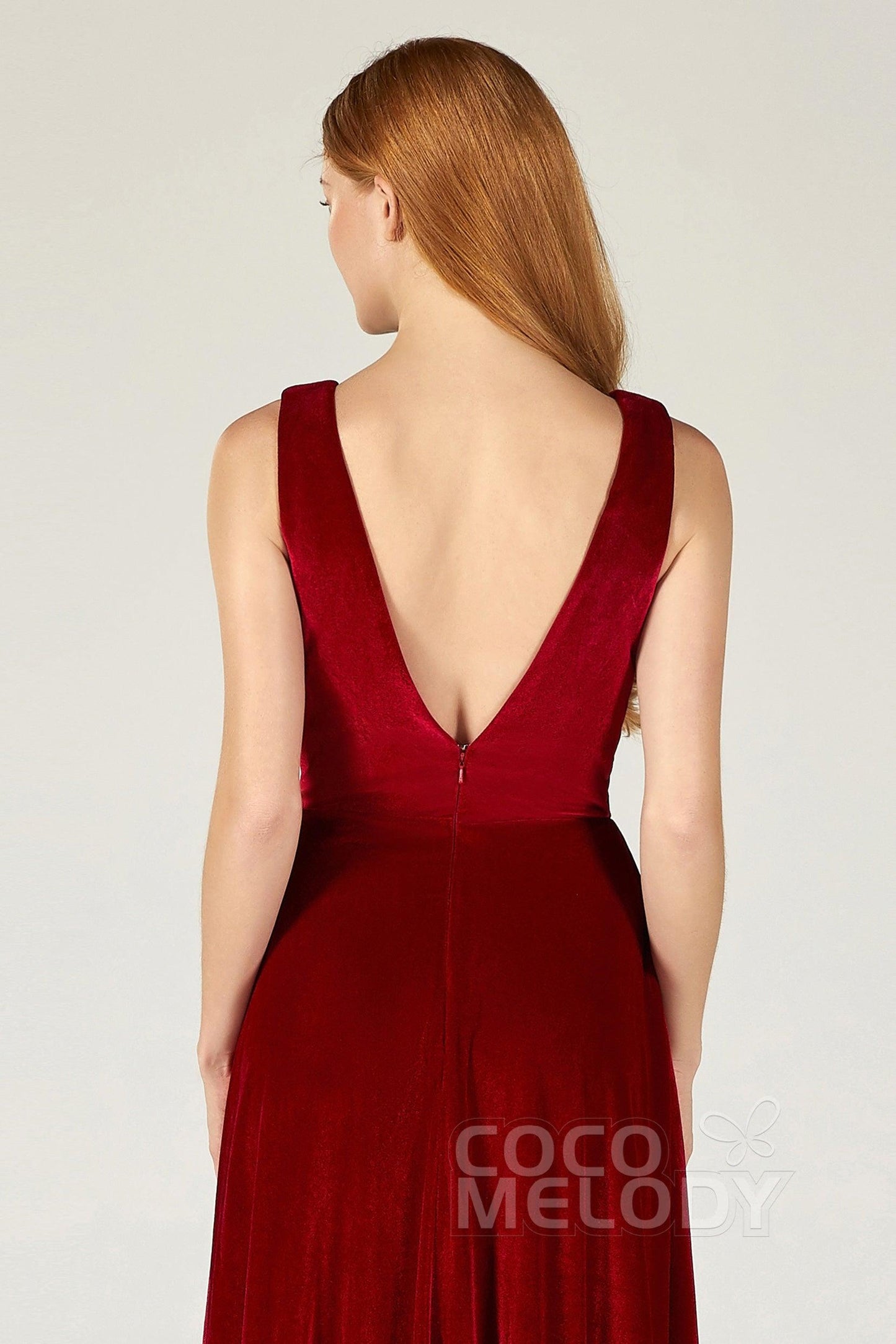 A-Line Floor Length Velvet Bridesmaid Dress CB0364CR - COCOMELODY
