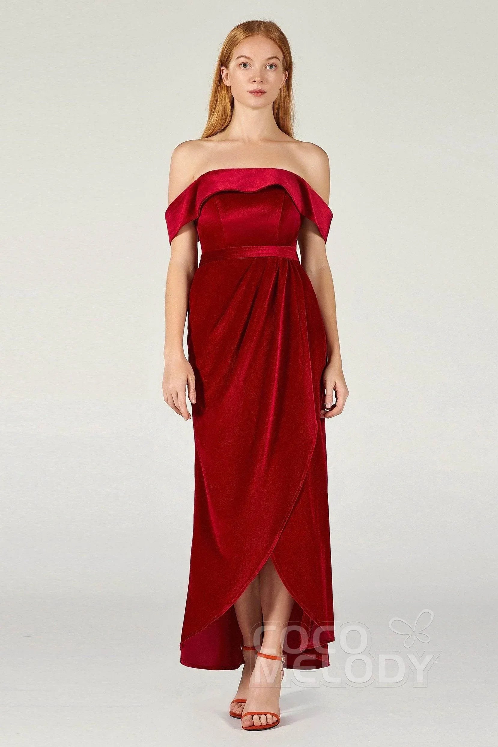 Sheath Off The Shoulder Ankle Length Bridesmaid Dress Split COCOMELODY CB0365, Forest Green Sheath Off The Shoulder Ankle Length Bridesmaid Dress Split COCOMELODY CB0365, Forest Green