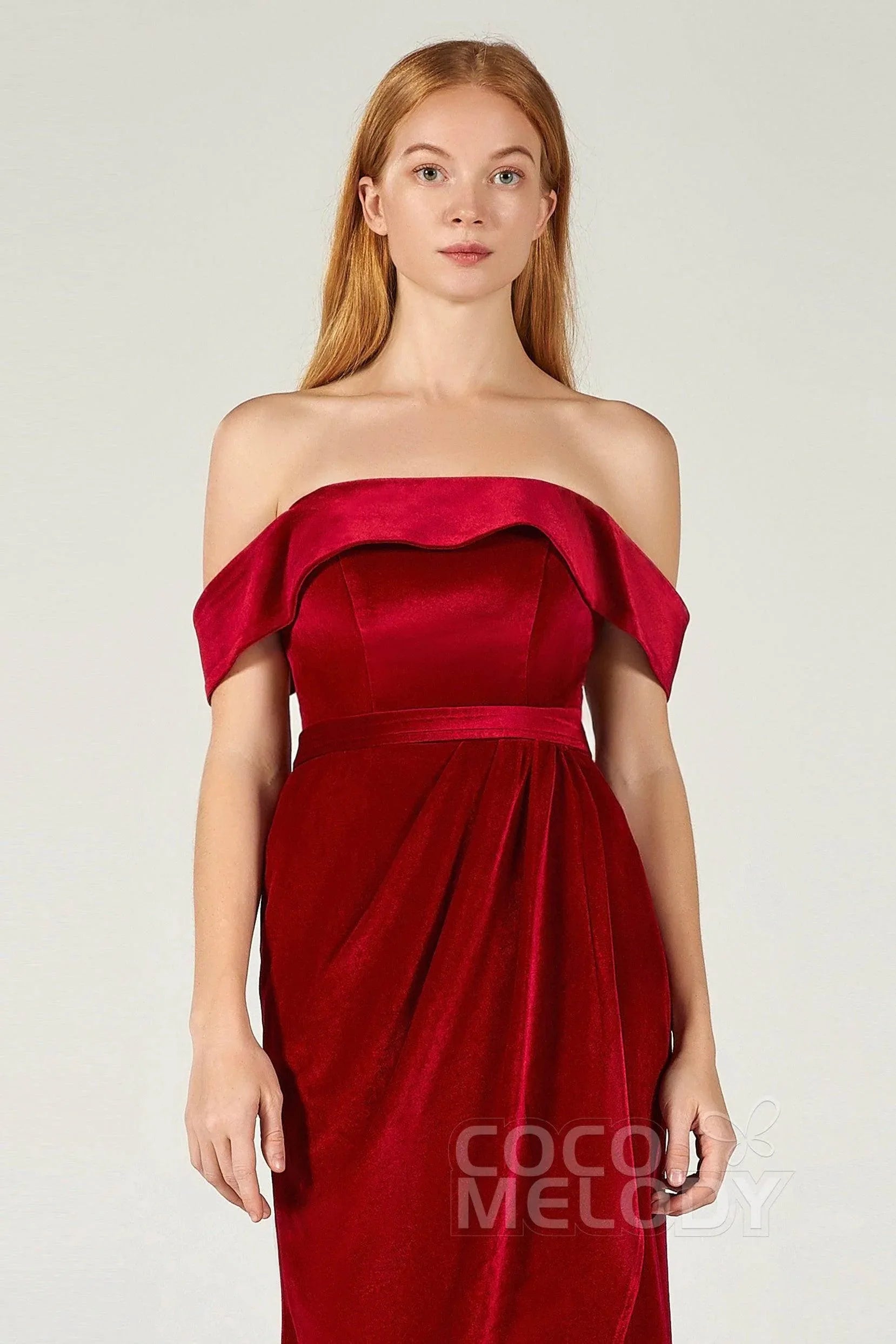 ankle length velvet dress Sheath Off The Shoulder Ankle Length Bridesmaid Dress Split COCOMELODY CB0365, Dark Mauve