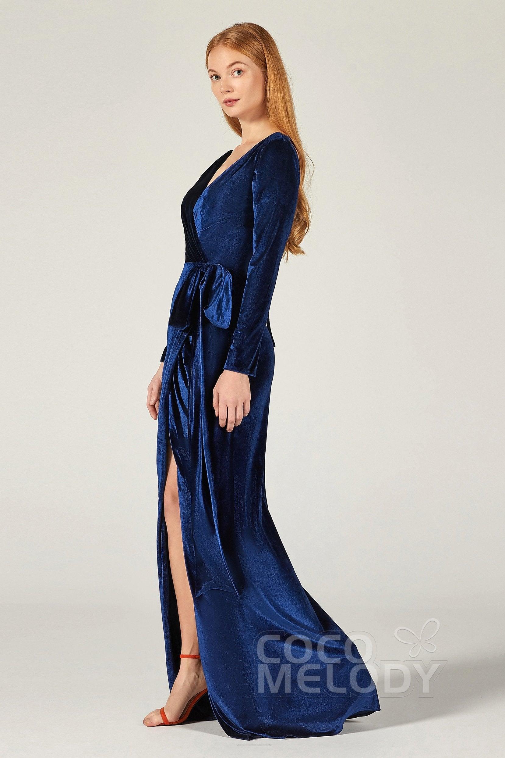 Sheath-Column Floor Length Velvet Bridesmaid Dress CB0366 - COCOMELODY