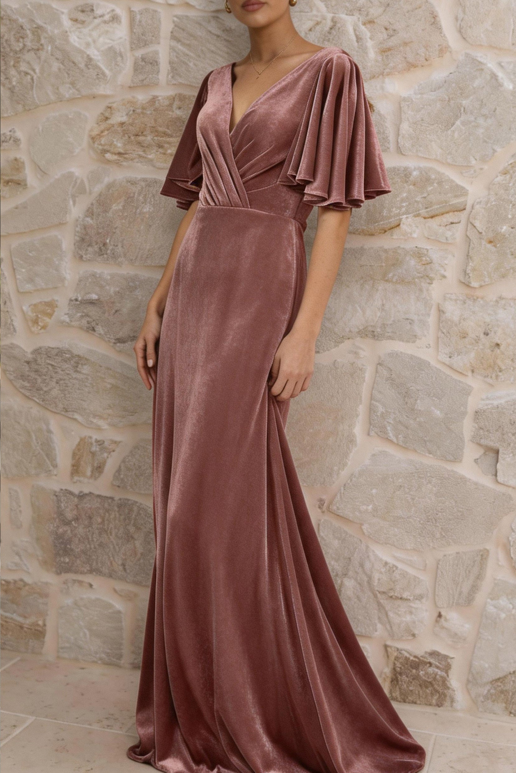 Classic A-Line V-Neck Floor Length Pleated Velvet Bridesmaid Dress with  Bell Sleeves COCOMELODY CB0367