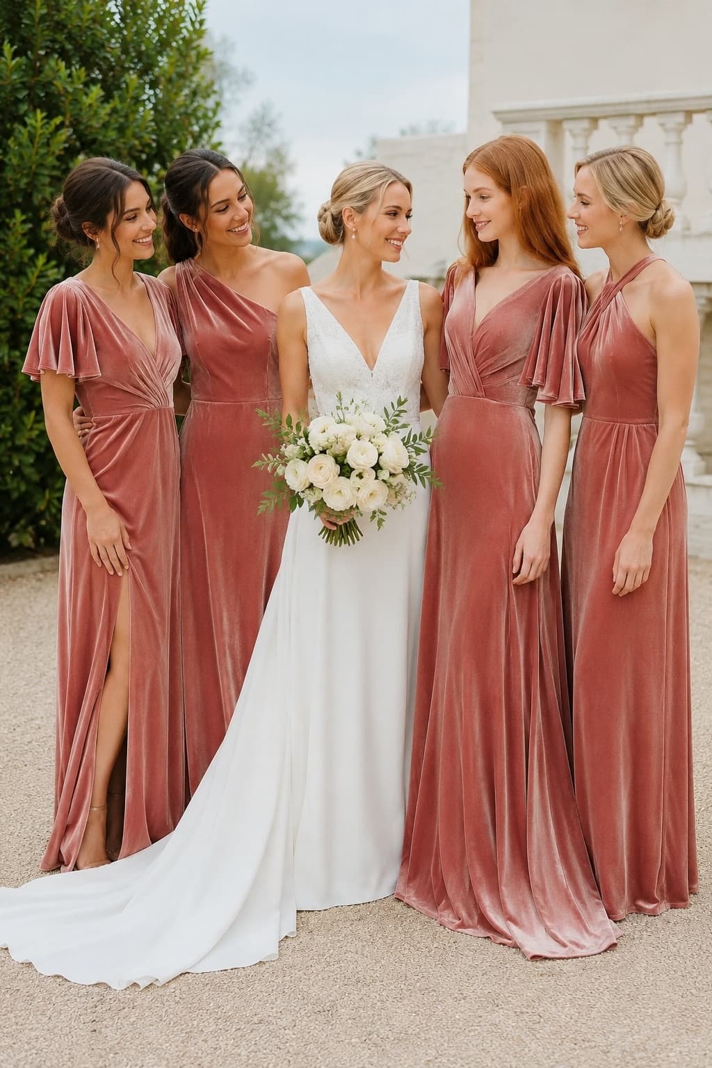 A-Line Floor Length Velvet Bridesmaid Dress Formal Dresses CB0367 - Dusty Rose - COCOMELODY